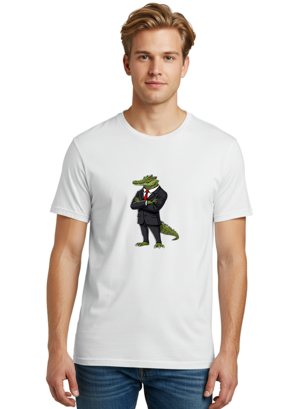Crocodile-In-Suit-1 Men'S Graphic Tee, 100% Cotton, Comfortable Casual Summer Wear, Machine Washable, Vintage Camera, Old Camera, Antique Camera, Black Camera, Classic Photography, Photography Equipment, Nostalgic Device, Film Camera, Bak325
