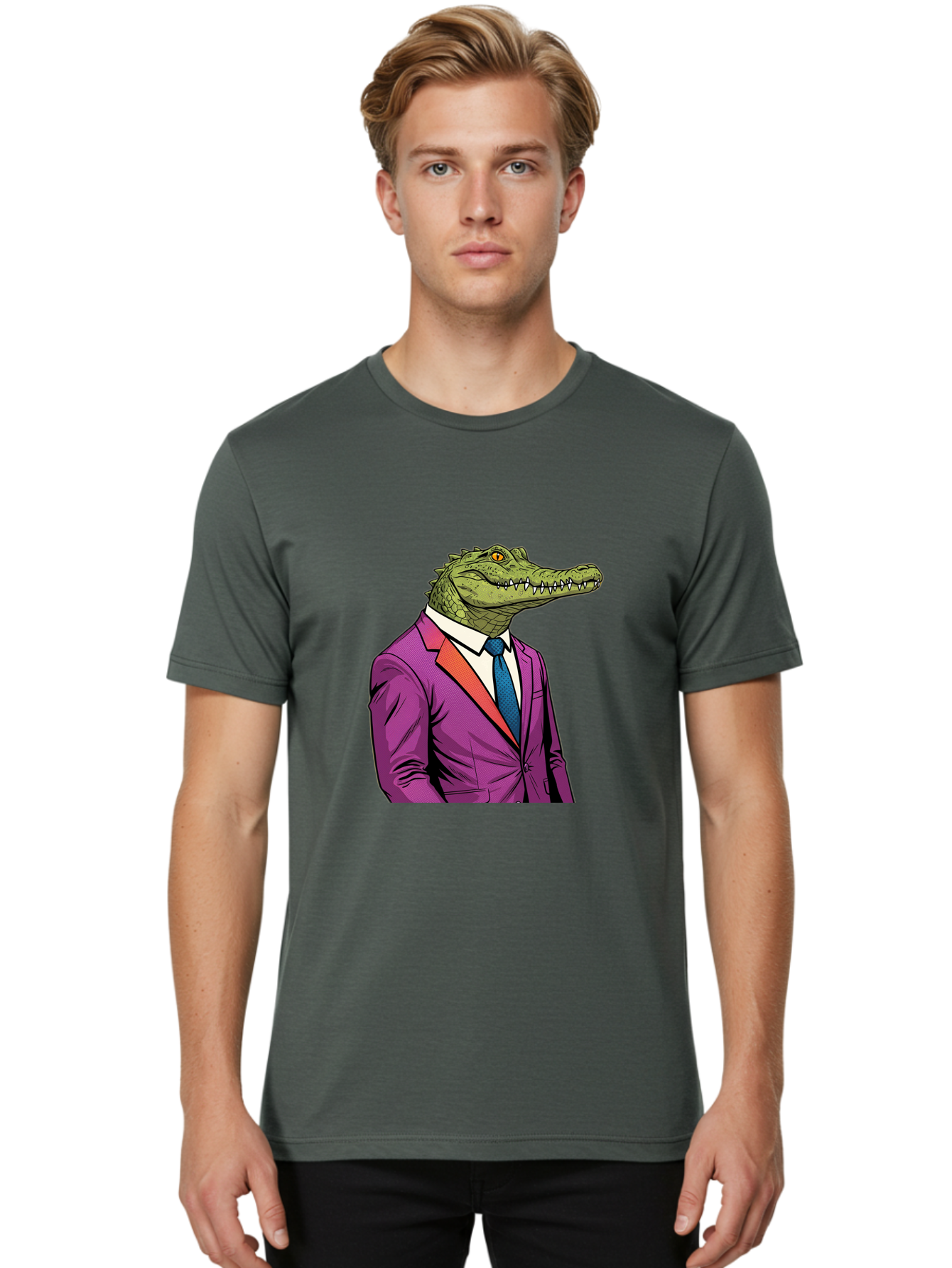 Crocodile-In-Suit-2 Men'S Graphic Tee, 100% Cotton, Comfortable Casual Summer Wear, Machine Washable, Vintage Camera, Old Camera, Antique Camera, Black Camera, Classic Photography, Photography Equipment, Nostalgic Device, Film Camera, Bak326