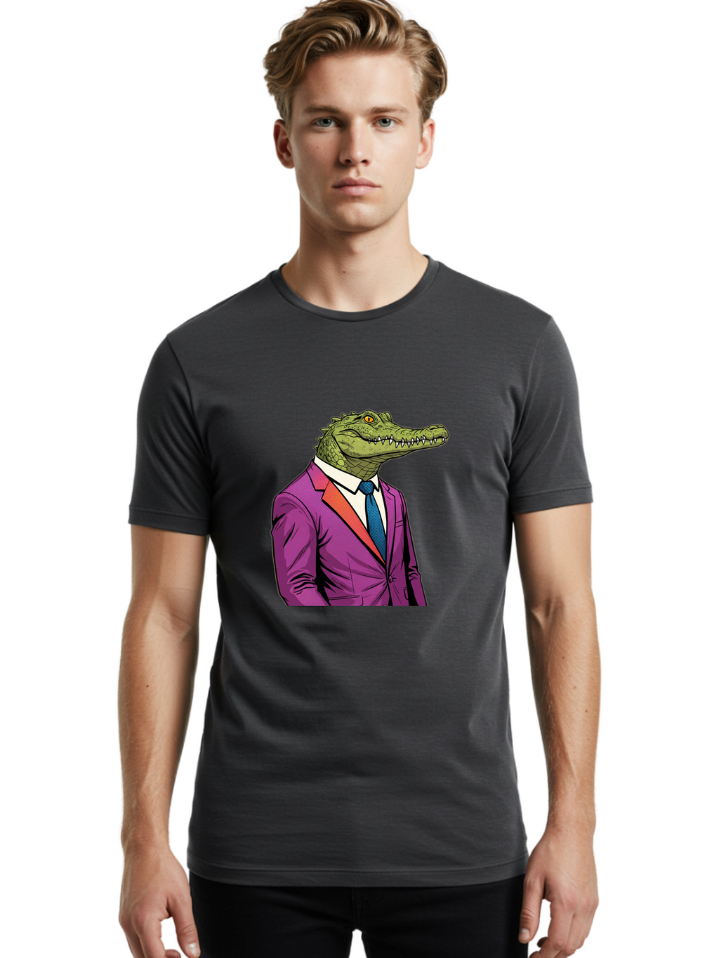 Crocodile-In-Suit-2 Men'S Graphic Tee, 100% Cotton, Comfortable Casual Summer Wear, Machine Washable, Vintage Camera, Old Camera, Antique Camera, Black Camera, Classic Photography, Photography Equipment, Nostalgic Device, Film Camera, Bak326
