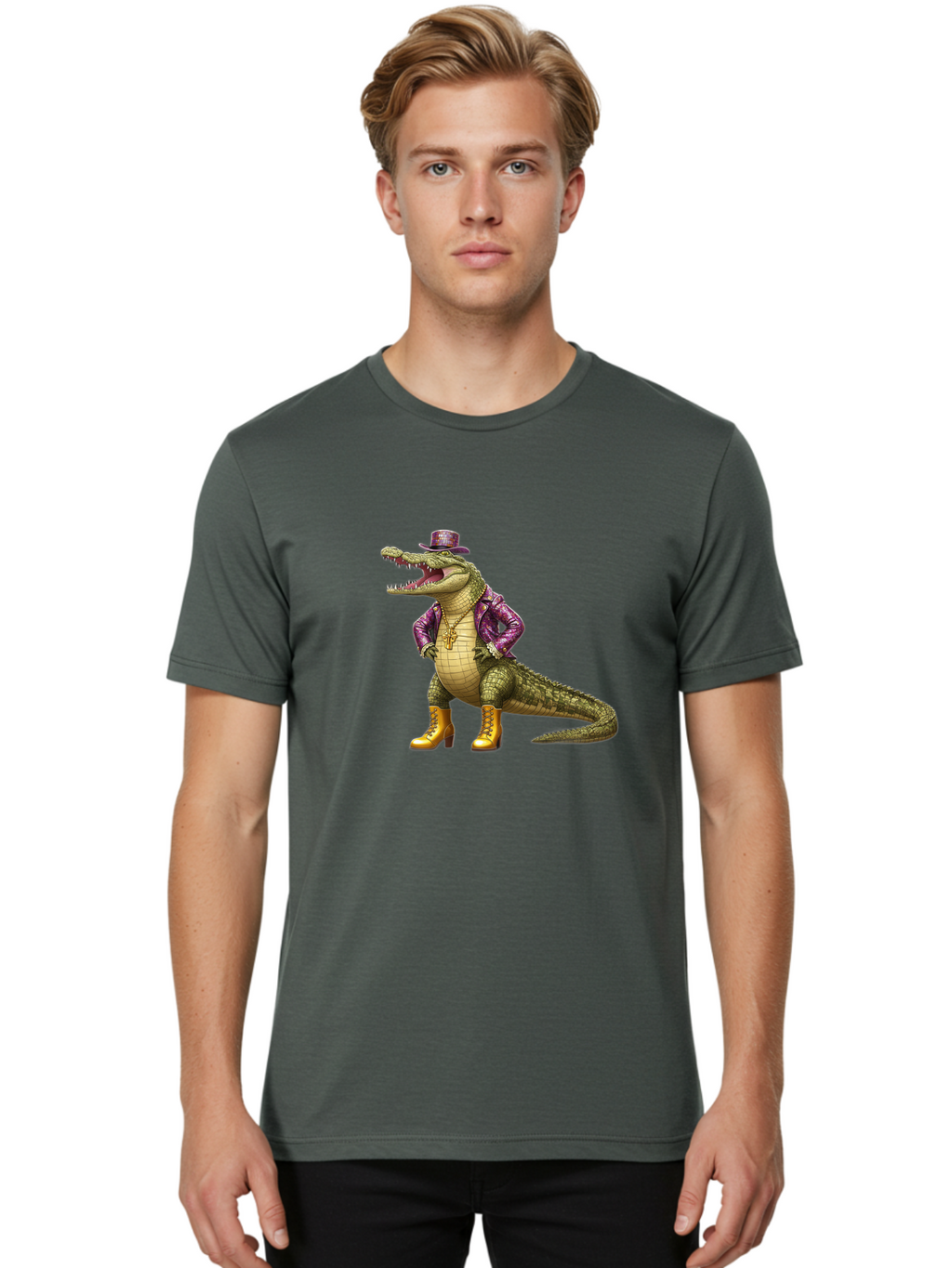 Crocodile-With-Hat-And-Jacket Men'S Graphic Tee, 100% Cotton, Comfortable Casual Summer Wear, Machine Washable, Vintage Camera, Old Camera, Antique Camera, Black Camera, Classic Photography, Photography Equipment, Nostalgic Device, Bak337