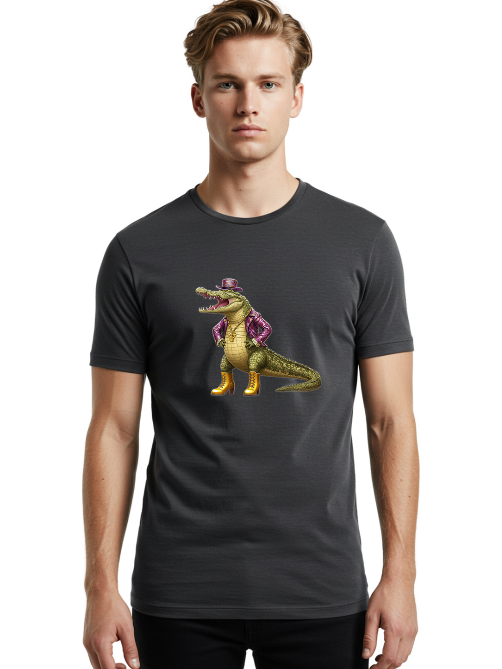 Crocodile-With-Hat-And-Jacket Men'S Graphic Tee, 100% Cotton, Comfortable Casual Summer Wear, Machine Washable, Vintage Camera, Old Camera, Antique Camera, Black Camera, Classic Photography, Photography Equipment, Nostalgic Device, Bak337