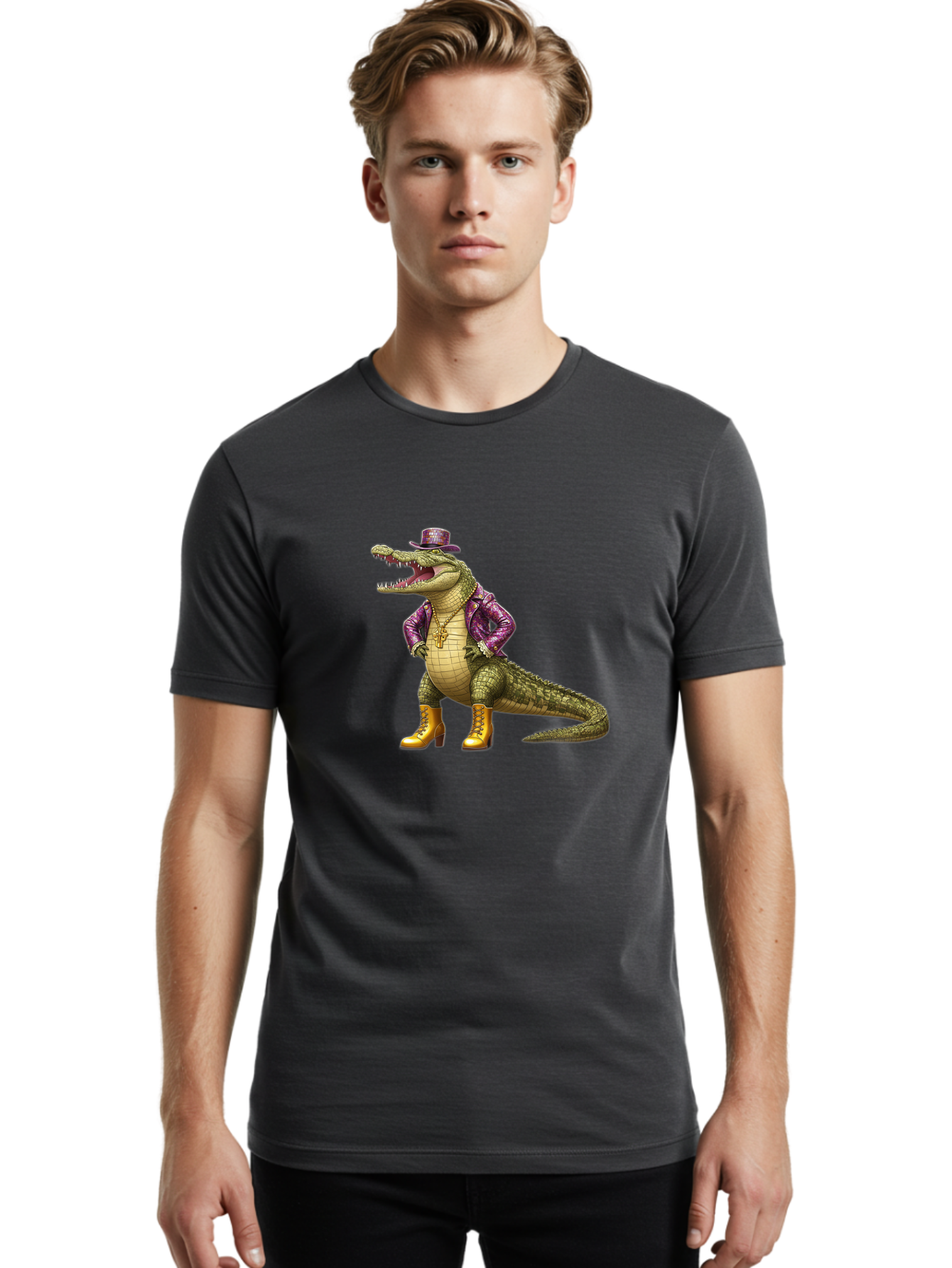 Crocodile-With-Hat-And-Jacket Men'S Graphic Tee, 100% Cotton, Comfortable Casual Summer Wear, Machine Washable, Vintage Camera, Old Camera, Antique Camera, Black Camera, Classic Photography, Photography Equipment, Nostalgic Device, Bak337