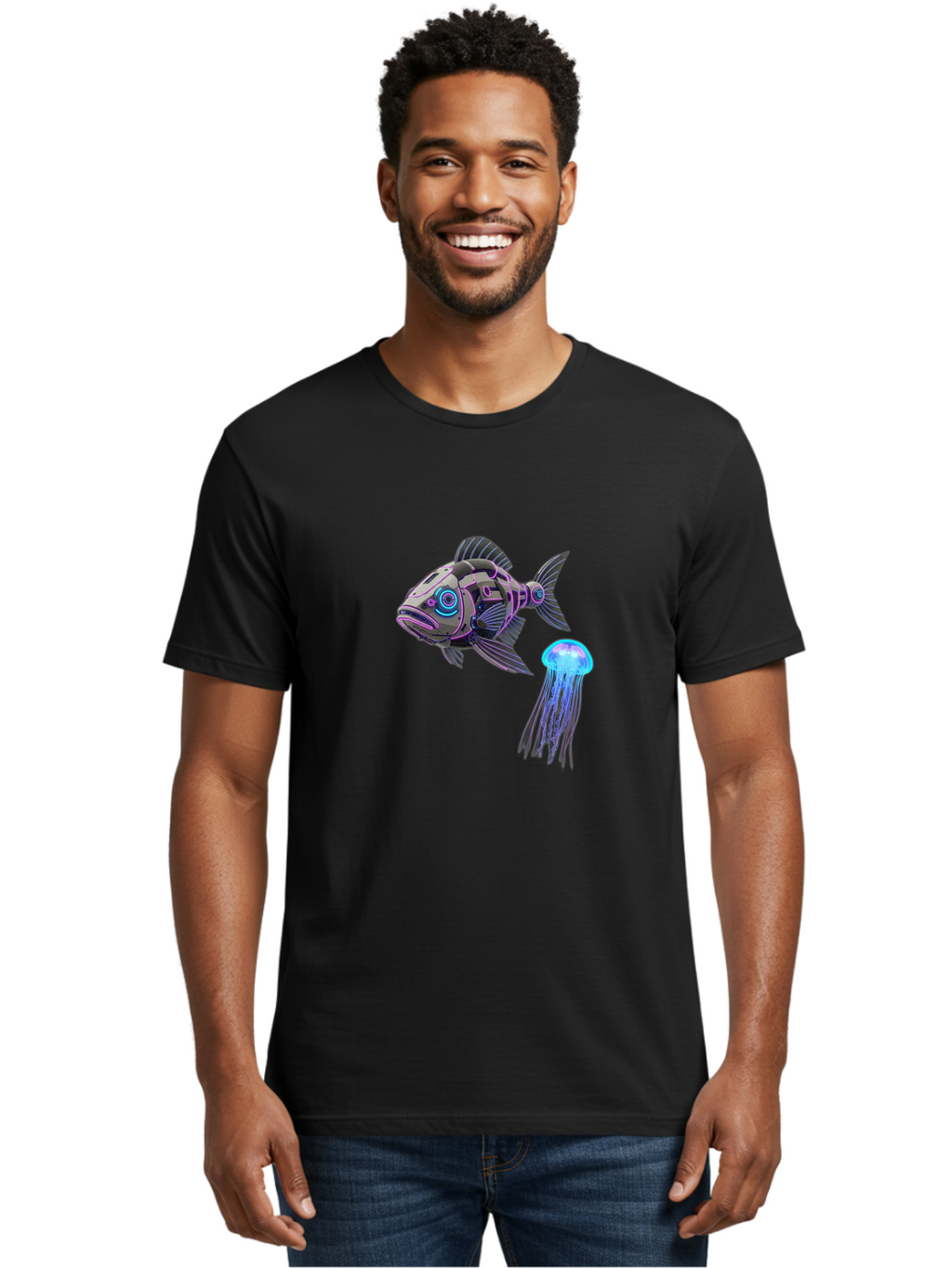 Cybernetic-Fish-And-Jellyfish Men'S Graphic Tee, 100% Cotton, Comfortable Casual Summer Wear, Machine Washable, Vintage Camera, Old Camera, Antique Camera, Black Camera, Classic Photography, Photography Equipment, Nostalgic Device, Bak388