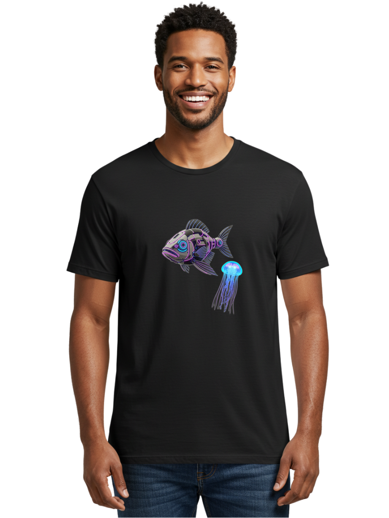 Cybernetic-Fish-And-Jellyfish Men'S Graphic Tee, 100% Cotton, Comfortable Casual Summer Wear, Machine Washable, Vintage Camera, Old Camera, Antique Camera, Black Camera, Classic Photography, Photography Equipment, Nostalgic Device, Bak388