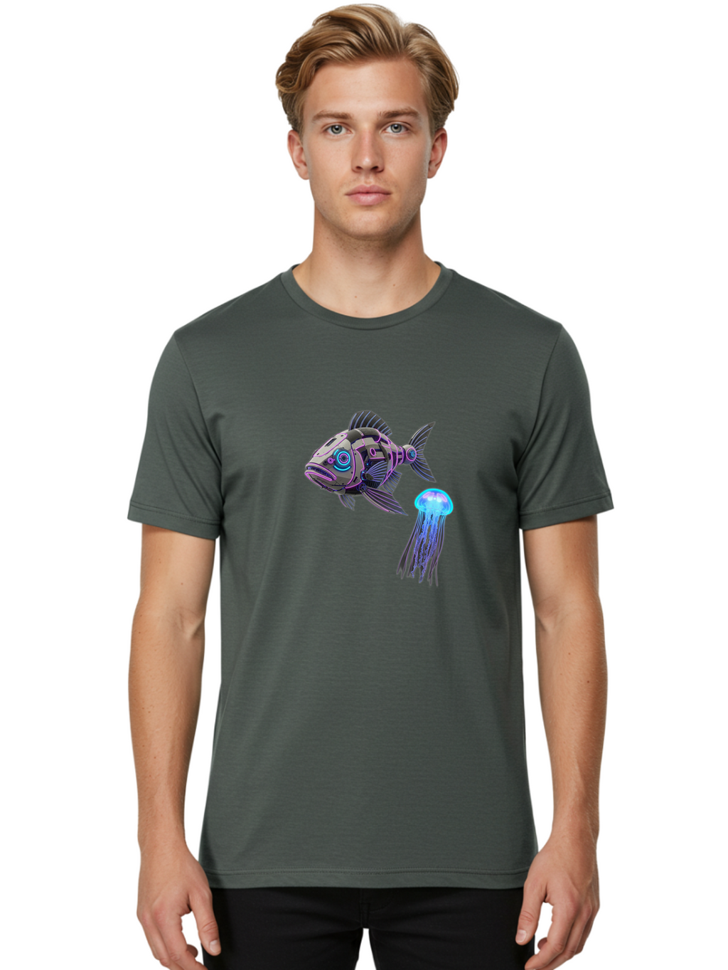 Cybernetic-Fish-And-Jellyfish Men'S Graphic Tee, 100% Cotton, Comfortable Casual Summer Wear, Machine Washable, Vintage Camera, Old Camera, Antique Camera, Black Camera, Classic Photography, Photography Equipment, Nostalgic Device, Bak388