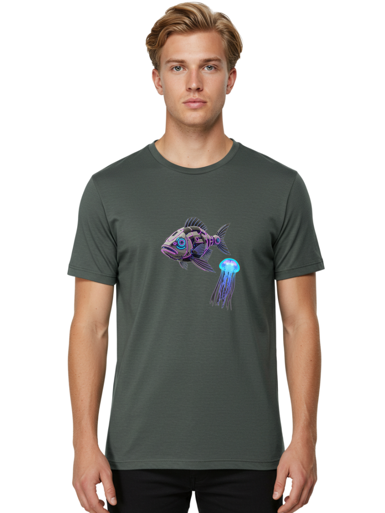 Cybernetic-Fish-And-Jellyfish Men'S Graphic Tee, 100% Cotton, Comfortable Casual Summer Wear, Machine Washable, Vintage Camera, Old Camera, Antique Camera, Black Camera, Classic Photography, Photography Equipment, Nostalgic Device, Bak388