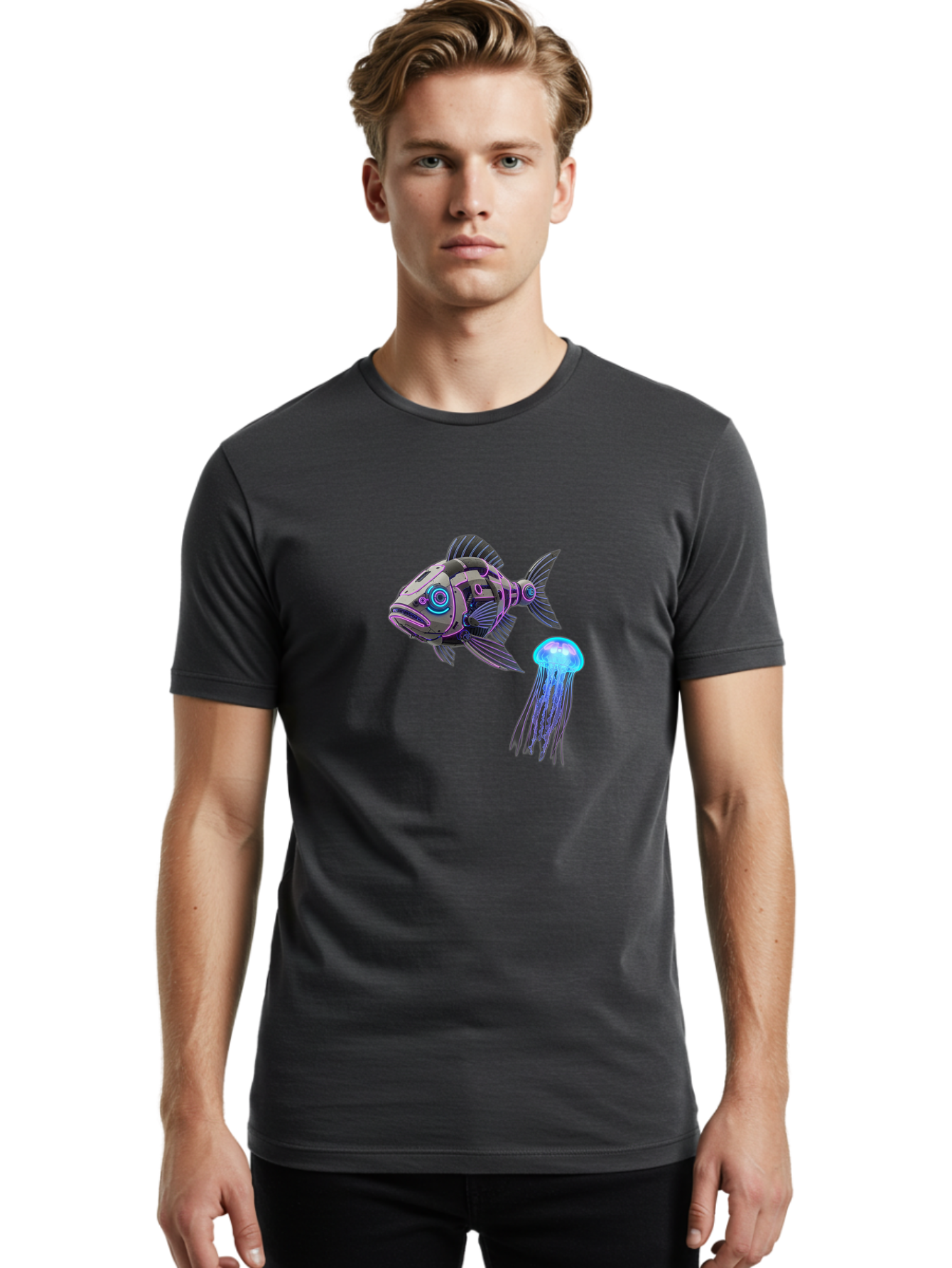 Cybernetic-Fish-And-Jellyfish Men'S Graphic Tee, 100% Cotton, Comfortable Casual Summer Wear, Machine Washable, Vintage Camera, Old Camera, Antique Camera, Black Camera, Classic Photography, Photography Equipment, Nostalgic Device, Bak388