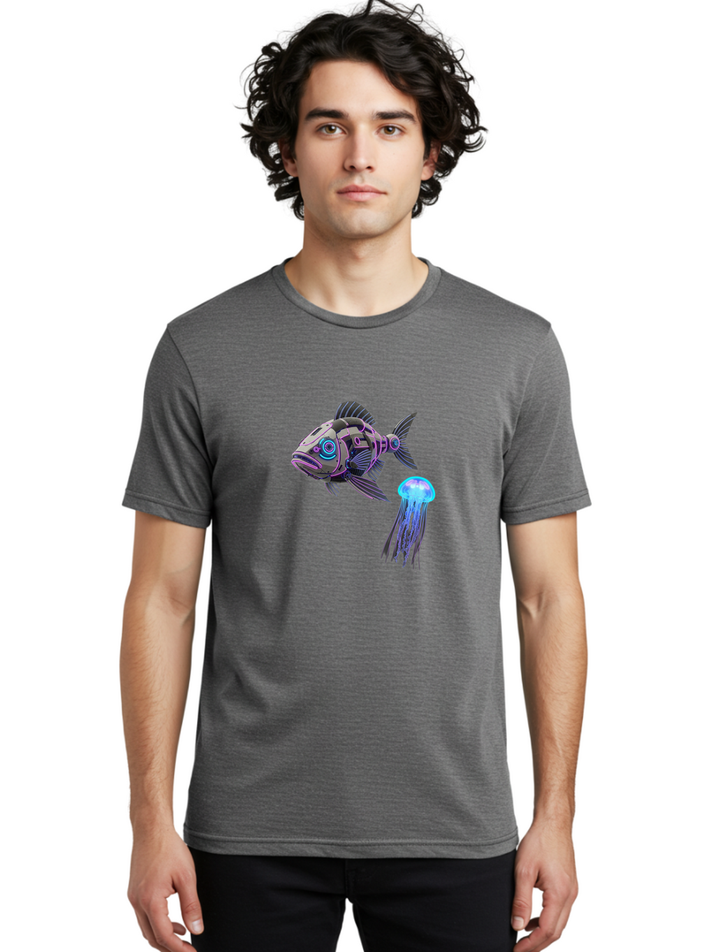 Cybernetic-Fish-And-Jellyfish Men'S Graphic Tee, 100% Cotton, Comfortable Casual Summer Wear, Machine Washable, Vintage Camera, Old Camera, Antique Camera, Black Camera, Classic Photography, Photography Equipment, Nostalgic Device, Bak388
