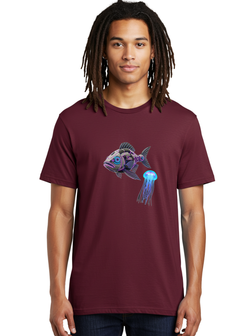 Cybernetic-Fish-And-Jellyfish Men'S Graphic Tee, 100% Cotton, Comfortable Casual Summer Wear, Machine Washable, Vintage Camera, Old Camera, Antique Camera, Black Camera, Classic Photography, Photography Equipment, Nostalgic Device, Bak388