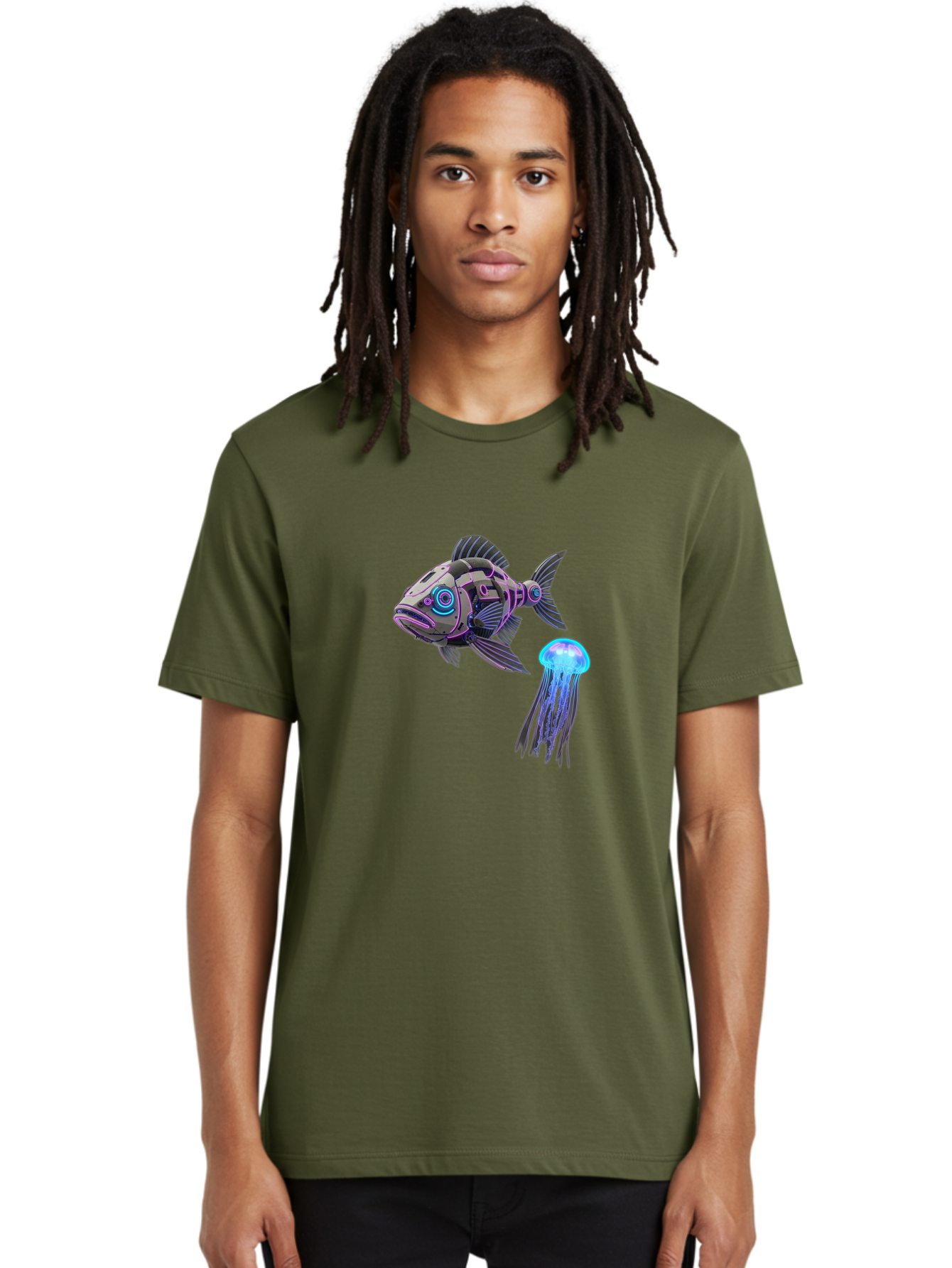 Cybernetic-Fish-And-Jellyfish Men'S Graphic Tee, 100% Cotton, Comfortable Casual Summer Wear, Machine Washable, Vintage Camera, Old Camera, Antique Camera, Black Camera, Classic Photography, Photography Equipment, Nostalgic Device, Bak388