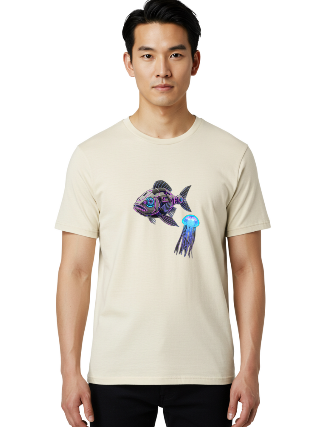 Cybernetic-Fish-And-Jellyfish Men'S Graphic Tee, 100% Cotton, Comfortable Casual Summer Wear, Machine Washable, Vintage Camera, Old Camera, Antique Camera, Black Camera, Classic Photography, Photography Equipment, Nostalgic Device, Bak388