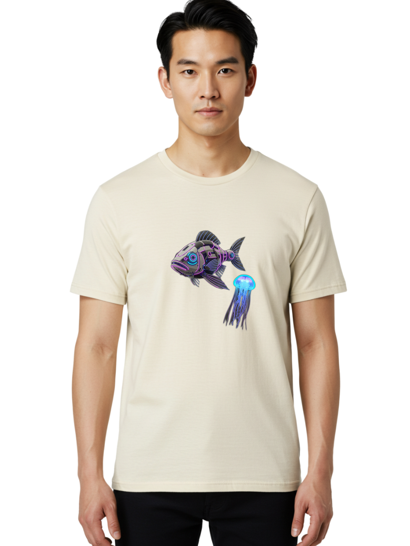 Cybernetic-Fish-And-Jellyfish Men'S Graphic Tee, 100% Cotton, Comfortable Casual Summer Wear, Machine Washable, Vintage Camera, Old Camera, Antique Camera, Black Camera, Classic Photography, Photography Equipment, Nostalgic Device, Bak388