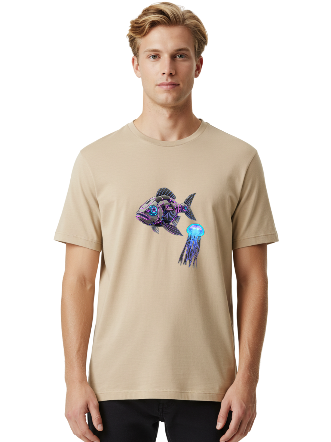 Cybernetic-Fish-And-Jellyfish Men'S Graphic Tee, 100% Cotton, Comfortable Casual Summer Wear, Machine Washable, Vintage Camera, Old Camera, Antique Camera, Black Camera, Classic Photography, Photography Equipment, Nostalgic Device, Bak388