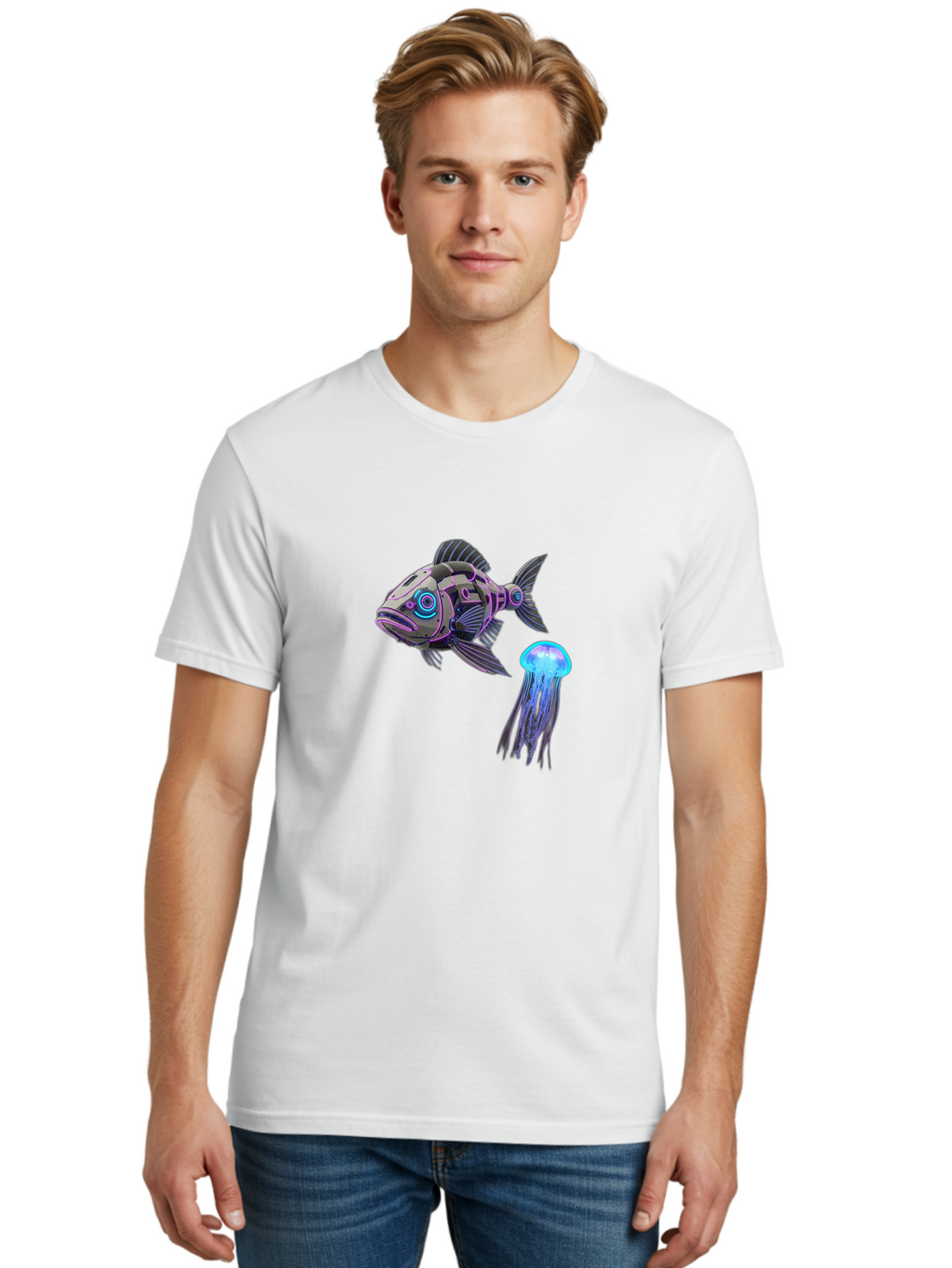 Cybernetic-Fish-And-Jellyfish Men'S Graphic Tee, 100% Cotton, Comfortable Casual Summer Wear, Machine Washable, Vintage Camera, Old Camera, Antique Camera, Black Camera, Classic Photography, Photography Equipment, Nostalgic Device, Bak388