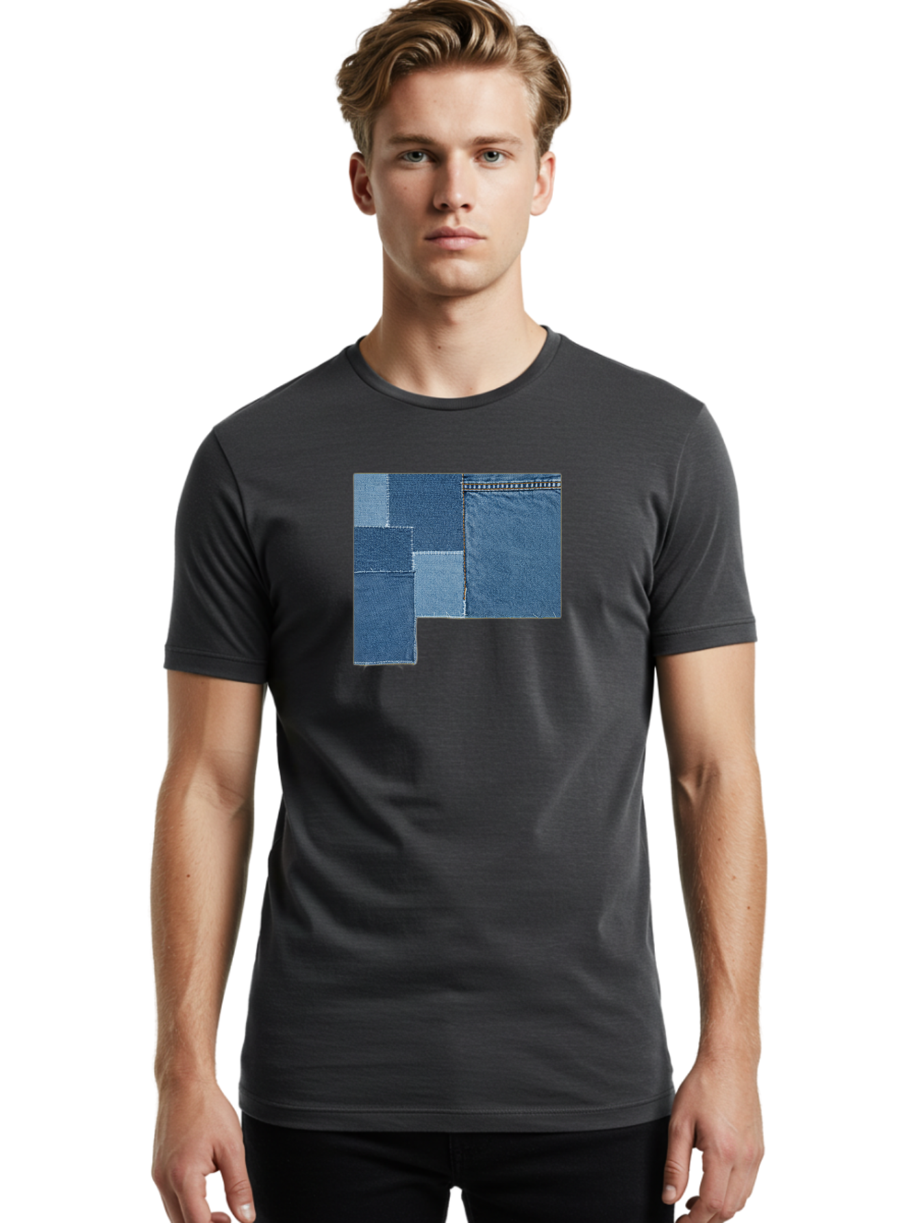 Denim-Patches Men'S Graphic Tee, 100% Cotton, Comfortable Casual Summer Wear, Machine Washable, Vintage Camera, Old Camera, Antique Camera, Black Camera, Classic Photography, Photography Equipment, Nostalgic Device, Film Camera, Camera Art Bak408
