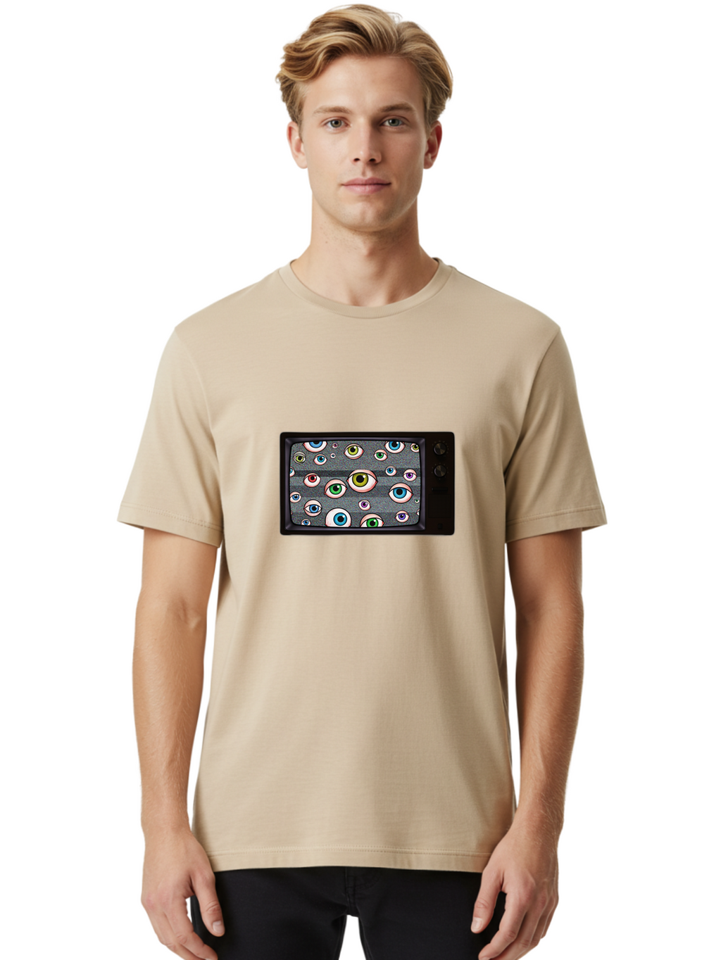 Eyes-On-Phone-Screen Men'S Graphic Tee, 100% Cotton, Comfortable Casual Summer Wear, Machine Washable, Vintage Camera, Old Camera, Antique Camera, Black Camera, Classic Photography, Photography Equipment, Nostalgic Device, Film Camera, Bak534