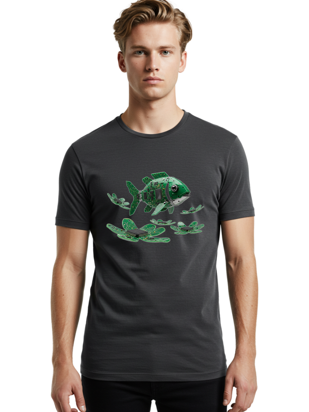 Fish-Made-Of-Circuit-Boards Men'S Graphic Tee, 100% Cotton, Comfortable Casual Summer Wear, Machine Washable, Vintage Camera, Old Camera, Antique Camera, Black Camera, Classic Photography, Photography Equipment, Nostalgic Device, Film Camera, Bak559