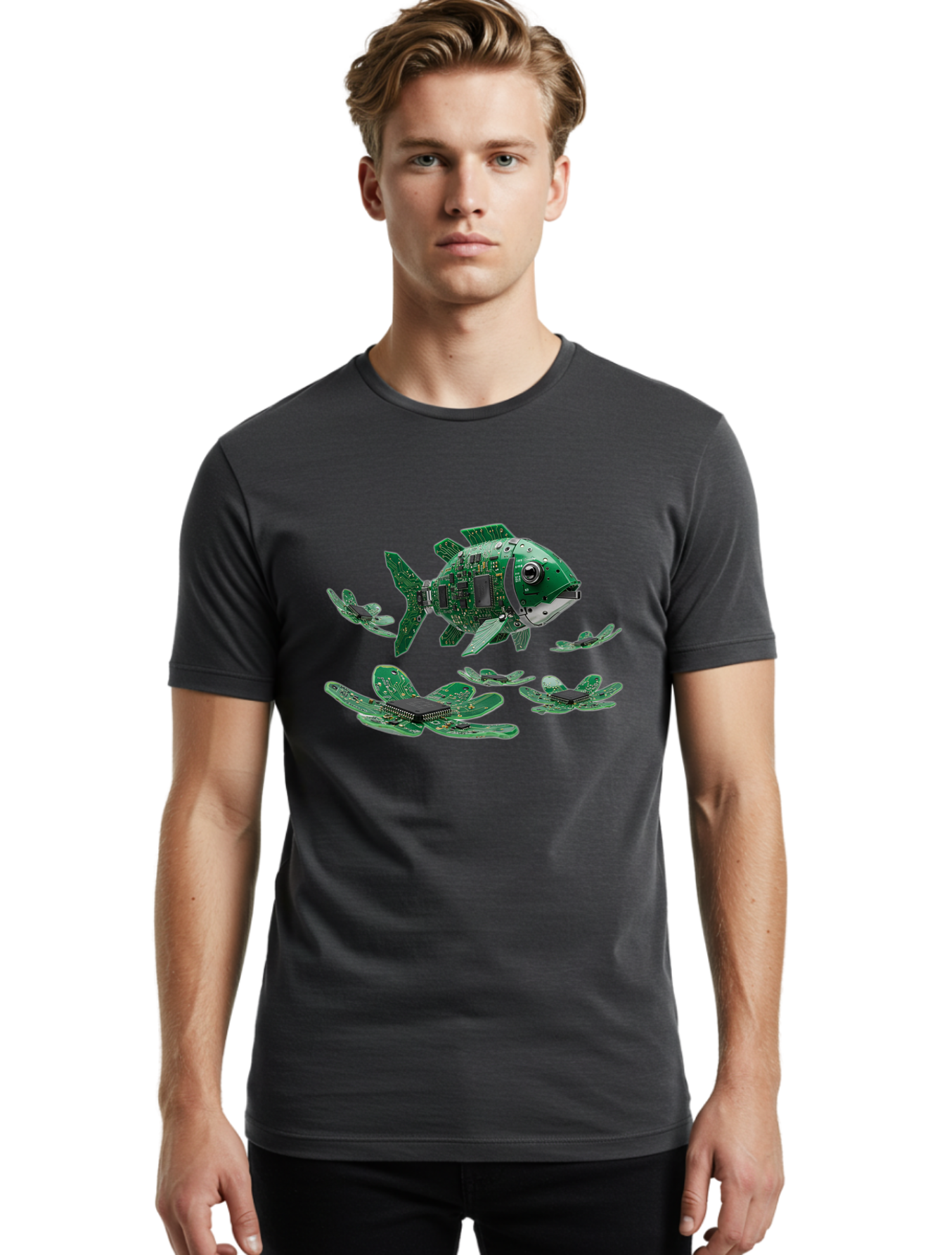 Fish-Made-Of-Circuit-Boards Men'S Graphic Tee, 100% Cotton, Comfortable Casual Summer Wear, Machine Washable, Vintage Camera, Old Camera, Antique Camera, Black Camera, Classic Photography, Photography Equipment, Nostalgic Device, Film Camera, Bak559