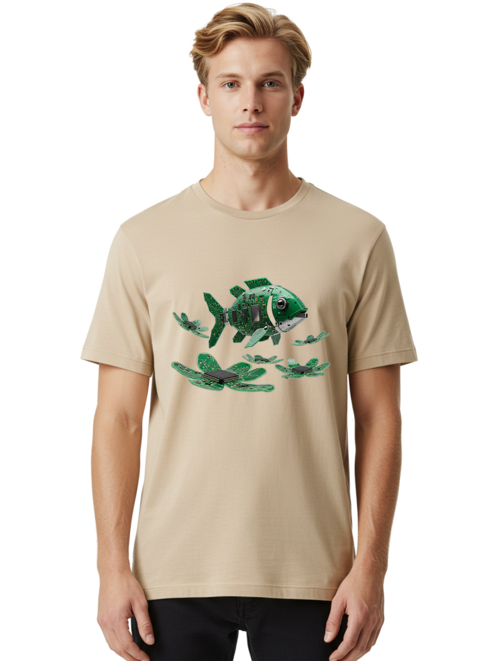 Fish-Made-Of-Circuit-Boards Men'S Graphic Tee, 100% Cotton, Comfortable Casual Summer Wear, Machine Washable, Vintage Camera, Old Camera, Antique Camera, Black Camera, Classic Photography, Photography Equipment, Nostalgic Device, Film Camera, Bak559