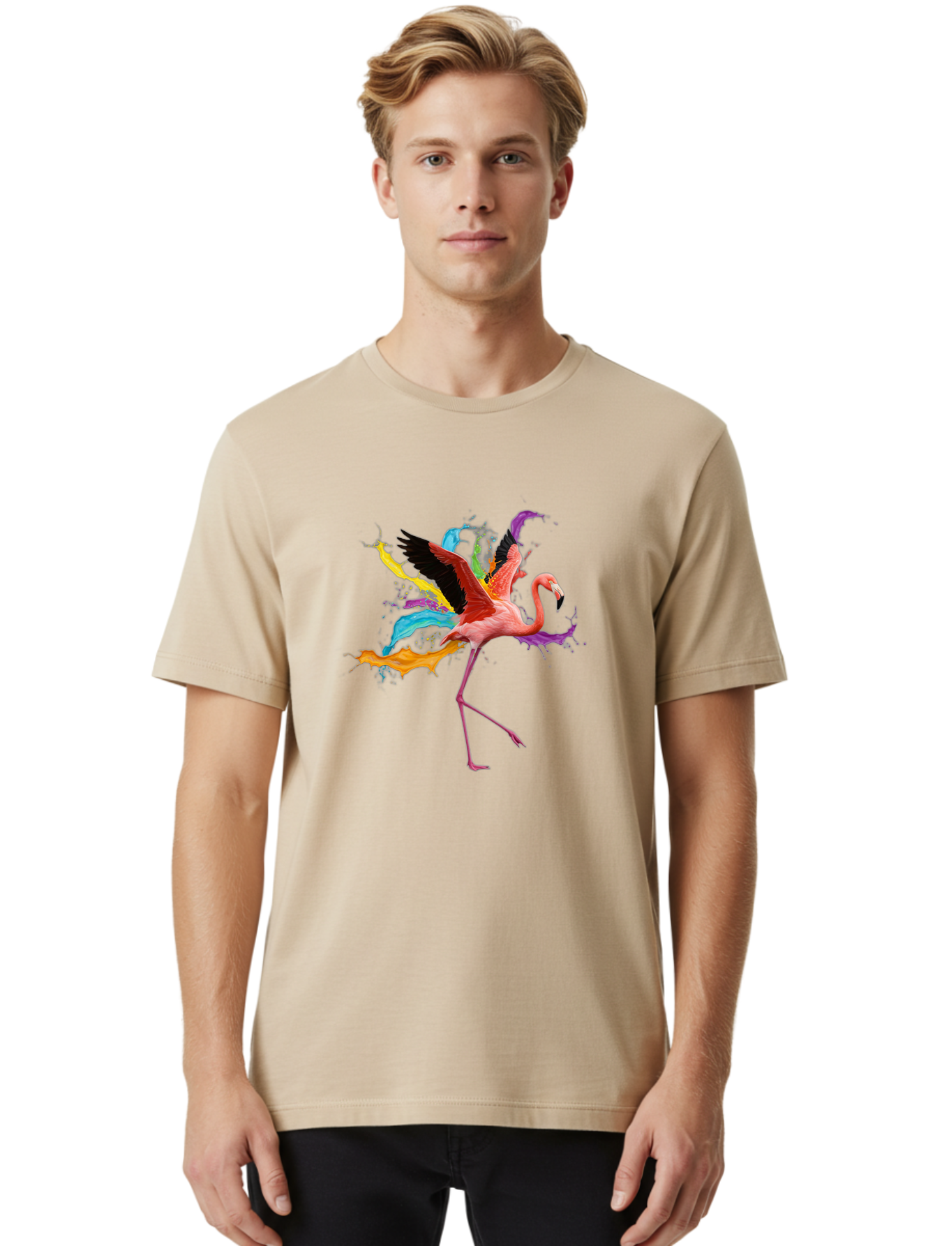 Flamingo-Splash Men'S Graphic Tee, 100% Cotton, Comfortable Casual Summer Wear, Machine Washable, Vintage Camera, Old Camera, Antique Camera, Black Camera, Classic Photography, Photography Equipment, Nostalgic Device, Film Camera, Camera Art Bak599