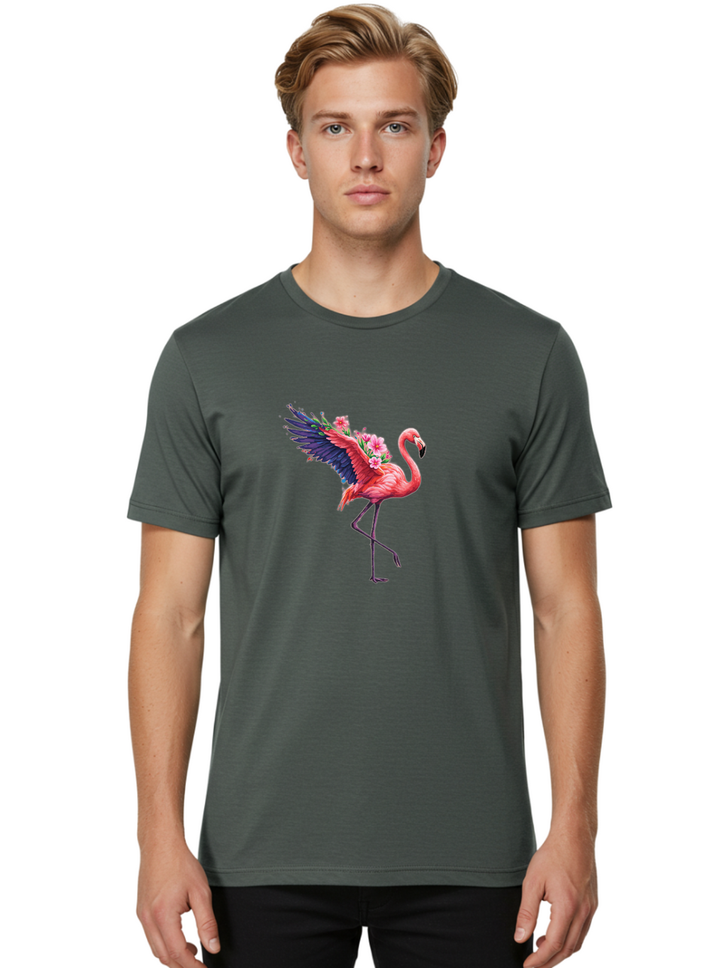 Flamingo-With-Flowers-1 Men'S Graphic Tee, 100% Cotton, Comfortable Casual Summer Wear, Machine Washable, Vintage Camera, Old Camera, Antique Camera, Black Camera, Classic Photography, Photography Equipment, Nostalgic Device, Film Camera, Bak600