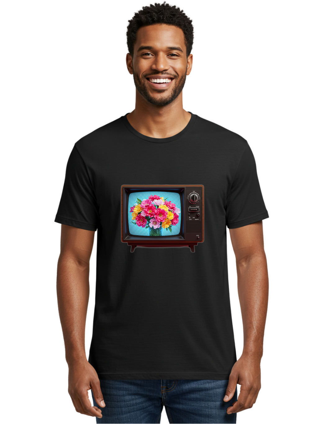Floral-Bouquet-Tv Men'S Graphic Tee, 100% Cotton, Comfortable Casual Summer Wear, Machine Washable, Vintage Camera, Old Camera, Antique Camera, Black Camera, Classic Photography, Photography Equipment, Nostalgic Device, Film Camera, Camera Art Bak607