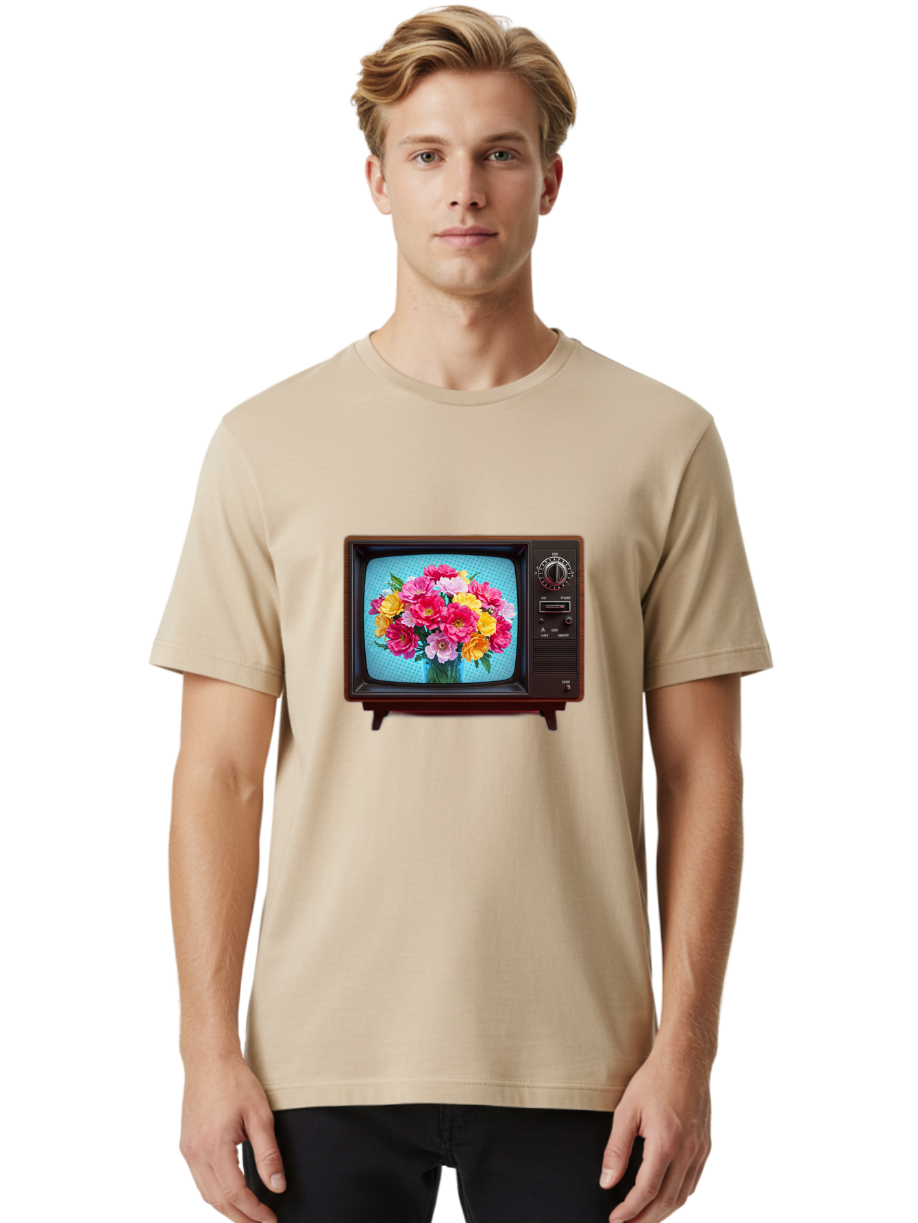 Floral-Bouquet-Tv Men'S Graphic Tee, 100% Cotton, Comfortable Casual Summer Wear, Machine Washable, Vintage Camera, Old Camera, Antique Camera, Black Camera, Classic Photography, Photography Equipment, Nostalgic Device, Film Camera, Camera Art Bak607