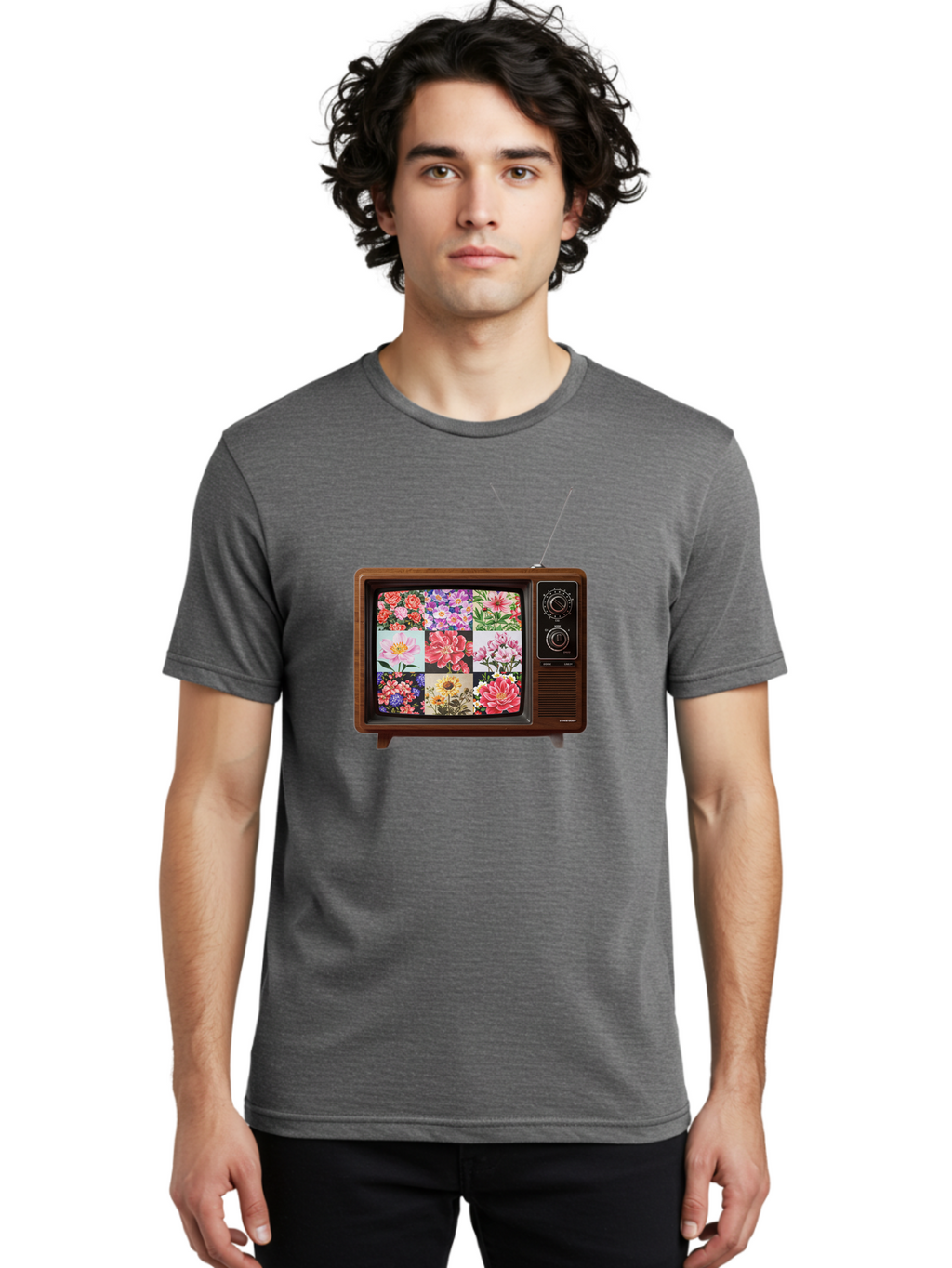 Flower-Collage-Tv Men'S Graphic Tee, 100% Cotton, Comfortable Casual Summer Wear, Machine Washable, Vintage Camera, Old Camera, Antique Camera, Black Camera, Classic Photography, Photography Equipment, Nostalgic Device, Film Camera, Camera Art Bak612
