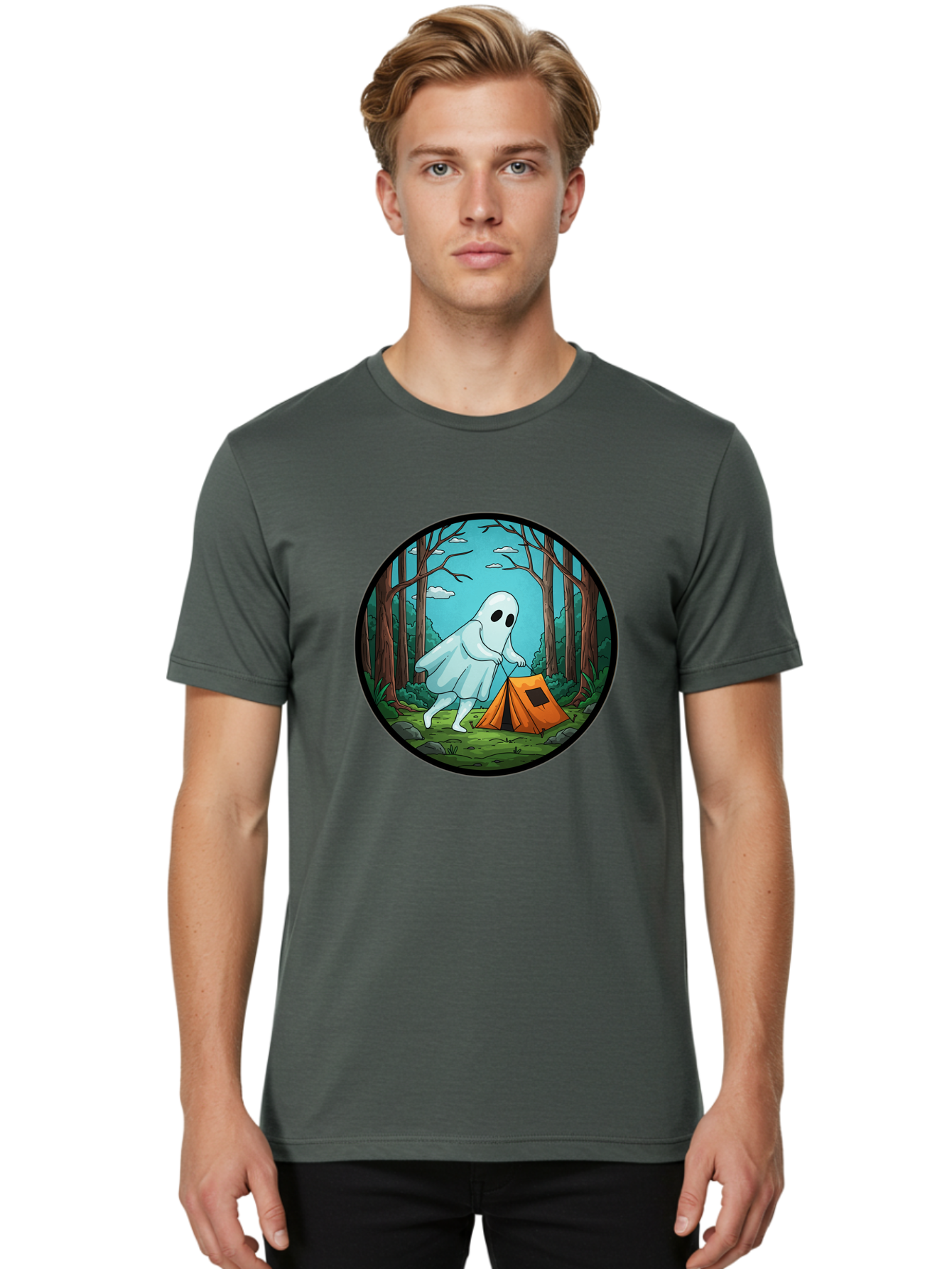 Ghost-Camping-2 Men'S Graphic Tee, 100% Cotton, Comfortable Casual Summer Wear, Machine Washable, Vintage Camera, Old Camera, Antique Camera, Black Camera, Classic Photography, Photography Equipment, Nostalgic Device, Film Camera, Camera Art Bak661