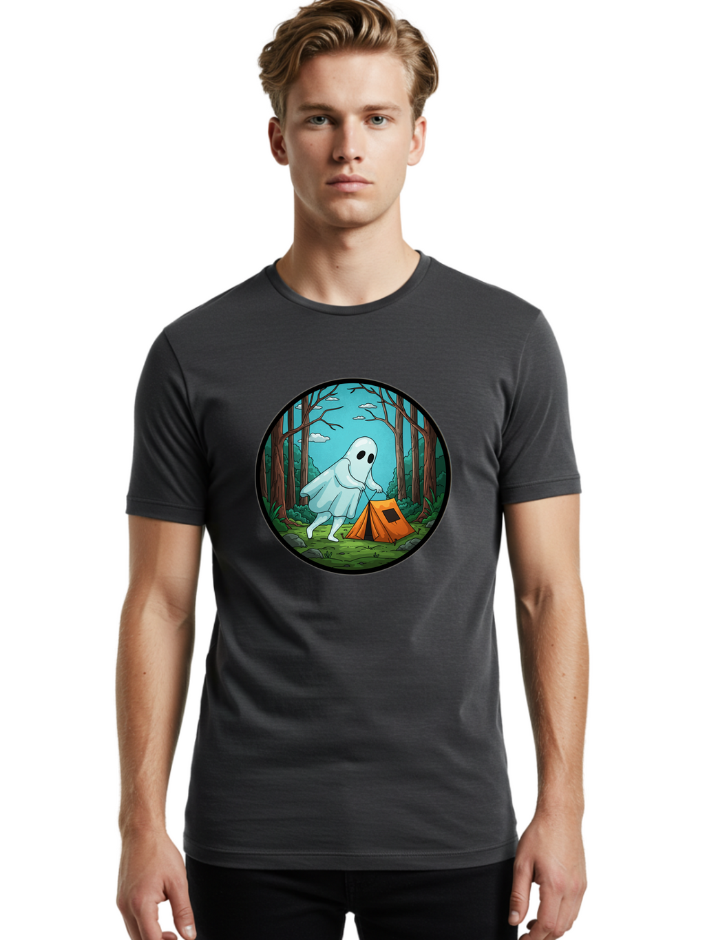 Ghost-Camping-2 Men'S Graphic Tee, 100% Cotton, Comfortable Casual Summer Wear, Machine Washable, Vintage Camera, Old Camera, Antique Camera, Black Camera, Classic Photography, Photography Equipment, Nostalgic Device, Film Camera, Camera Art Bak661