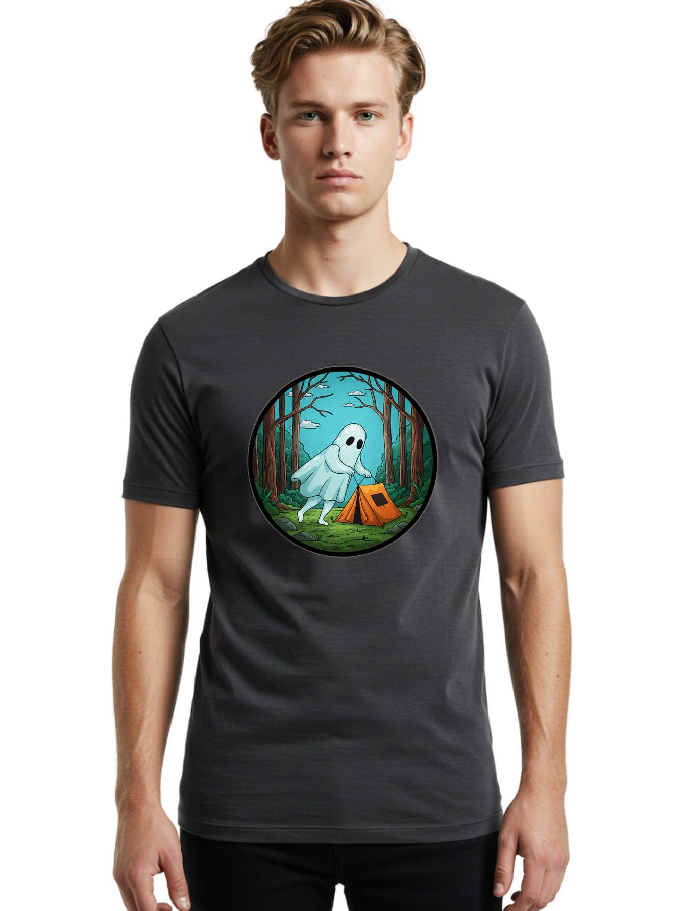 Ghost-Camping-2 Men'S Graphic Tee, 100% Cotton, Comfortable Casual Summer Wear, Machine Washable, Vintage Camera, Old Camera, Antique Camera, Black Camera, Classic Photography, Photography Equipment, Nostalgic Device, Film Camera, Camera Art Bak661