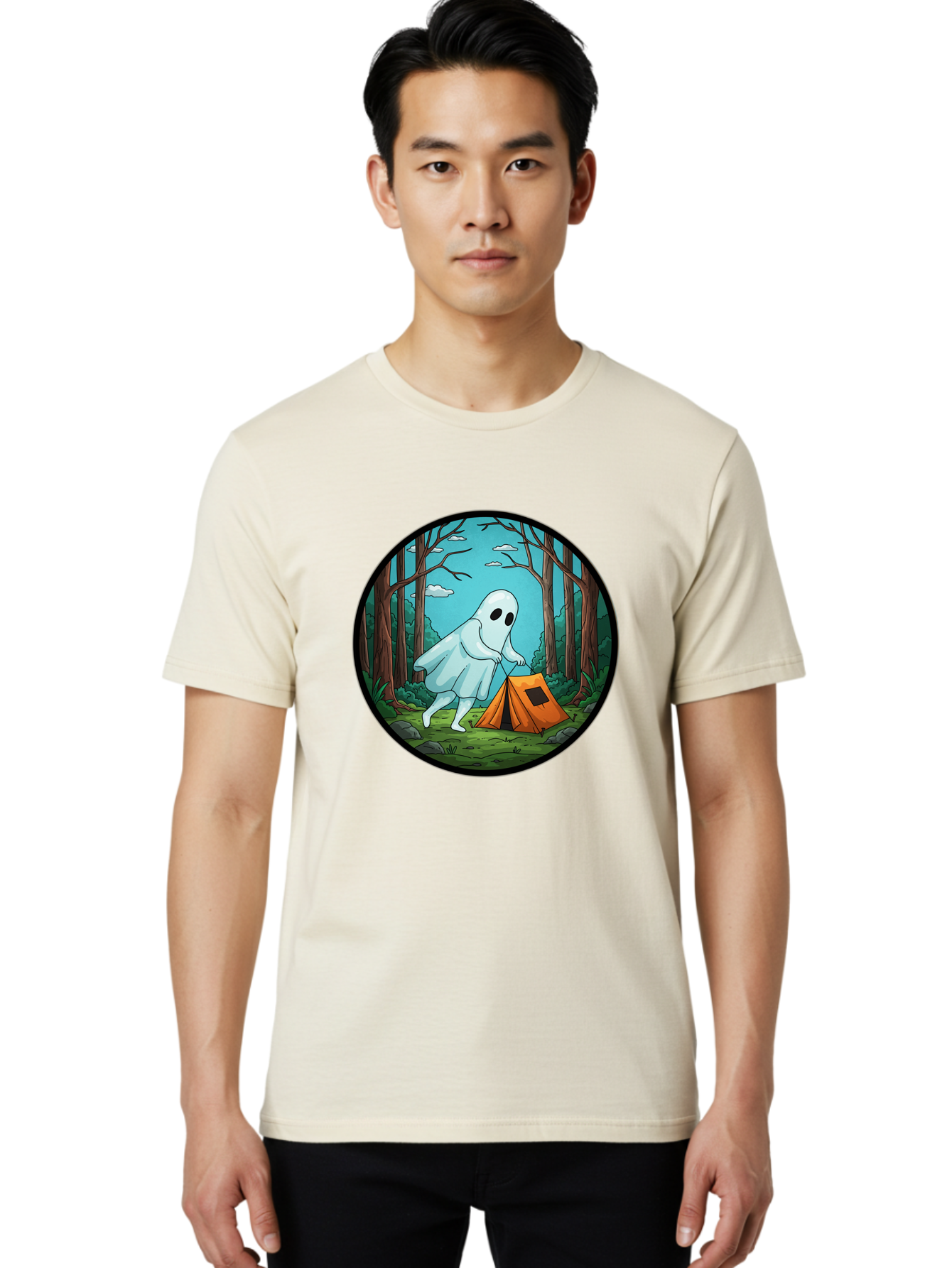 Ghost-Camping-2 Men'S Graphic Tee, 100% Cotton, Comfortable Casual Summer Wear, Machine Washable, Vintage Camera, Old Camera, Antique Camera, Black Camera, Classic Photography, Photography Equipment, Nostalgic Device, Film Camera, Camera Art Bak661