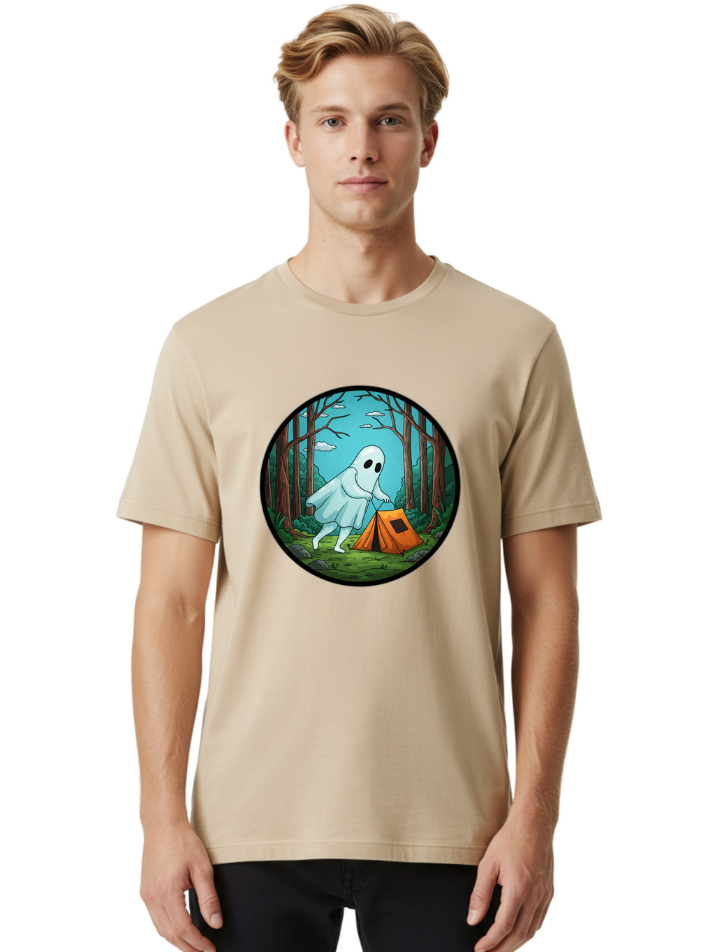 Ghost-Camping-2 Men'S Graphic Tee, 100% Cotton, Comfortable Casual Summer Wear, Machine Washable, Vintage Camera, Old Camera, Antique Camera, Black Camera, Classic Photography, Photography Equipment, Nostalgic Device, Film Camera, Camera Art Bak661