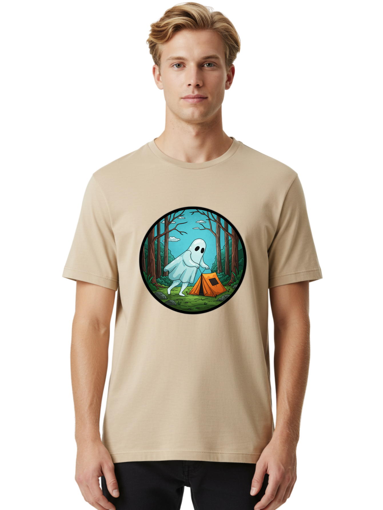 Ghost-Camping-2 Men'S Graphic Tee, 100% Cotton, Comfortable Casual Summer Wear, Machine Washable, Vintage Camera, Old Camera, Antique Camera, Black Camera, Classic Photography, Photography Equipment, Nostalgic Device, Film Camera, Camera Art Bak661