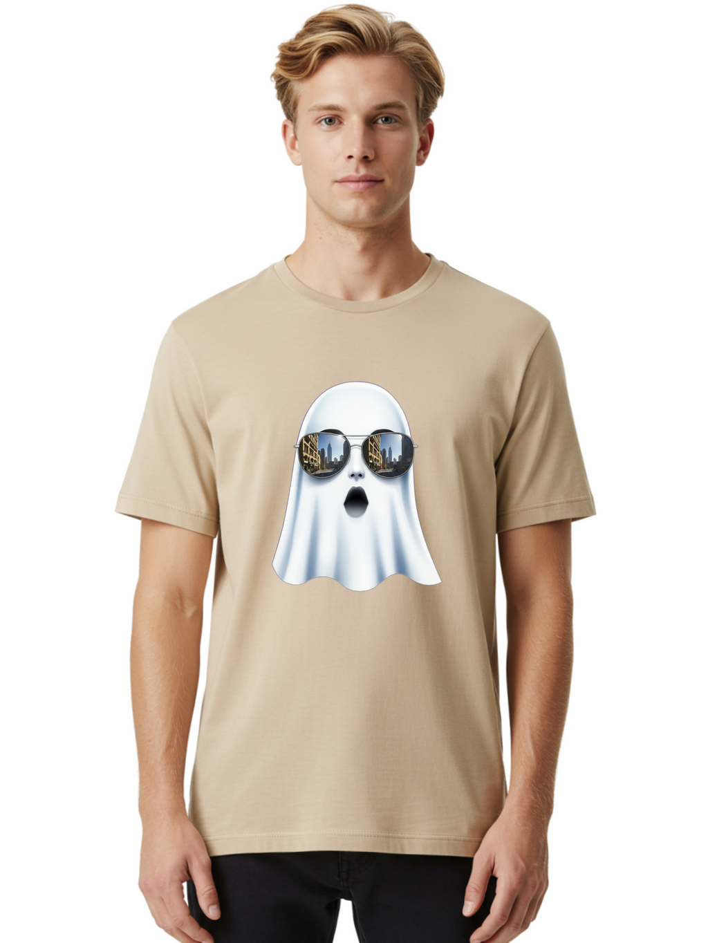 Ghost-With-Sunglasses-1 Men'S Graphic Tee, 100% Cotton, Comfortable Casual Summer Wear, Machine Washable, Vintage Camera, Old Camera, Antique Camera, Black Camera, Classic Photography, Photography Equipment, Nostalgic Device, Film Camera, Bak679
