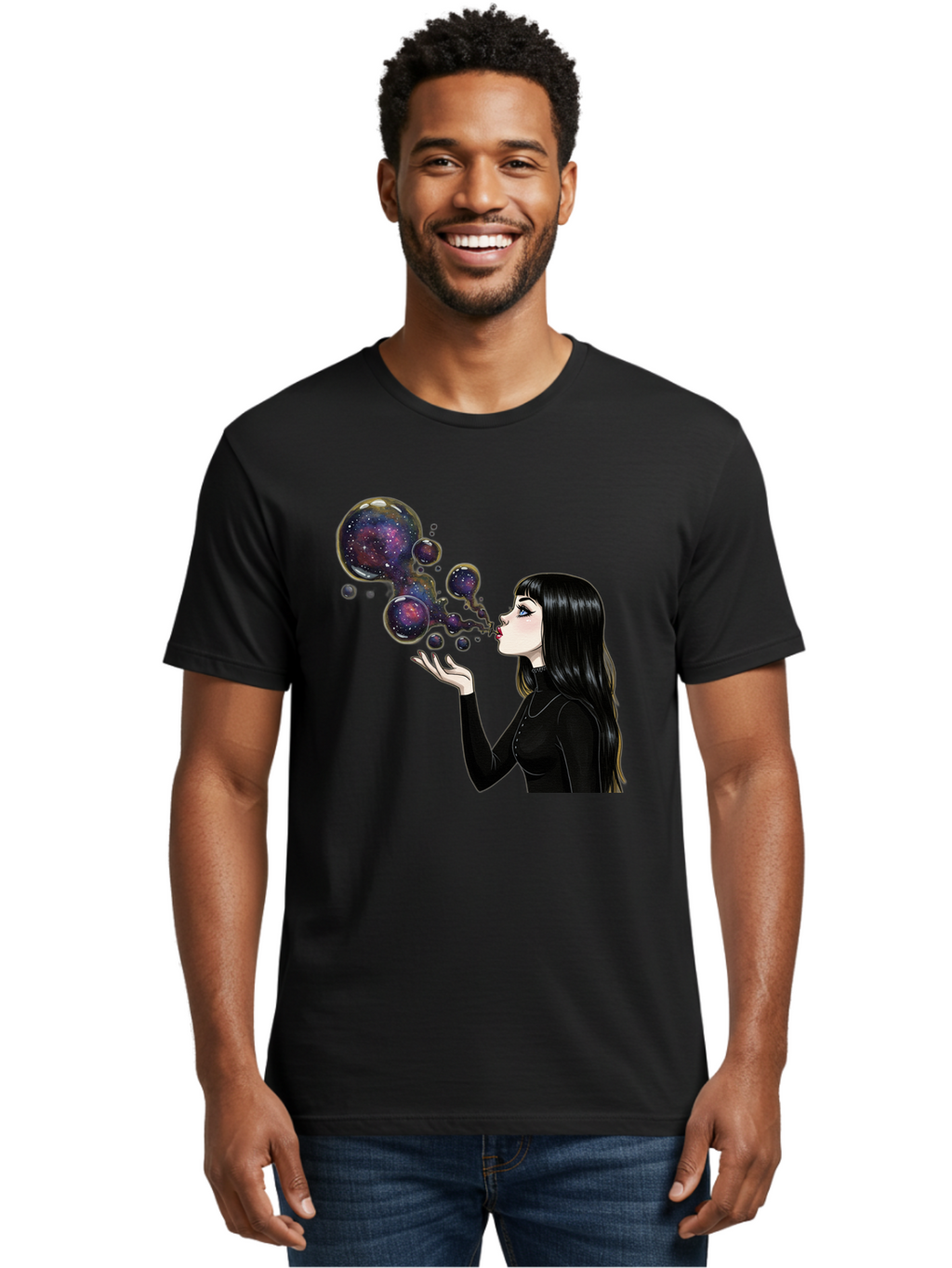 Girl-Blowing-Galaxy-Bubbles-1 Men'S Graphic Tee, 100% Cotton, Comfortable Casual Summer Wear, Machine Washable, Vintage Camera, Old Camera, Antique Camera, Black Camera, Classic Photography, Photography Equipment, Nostalgic Device, Bak684