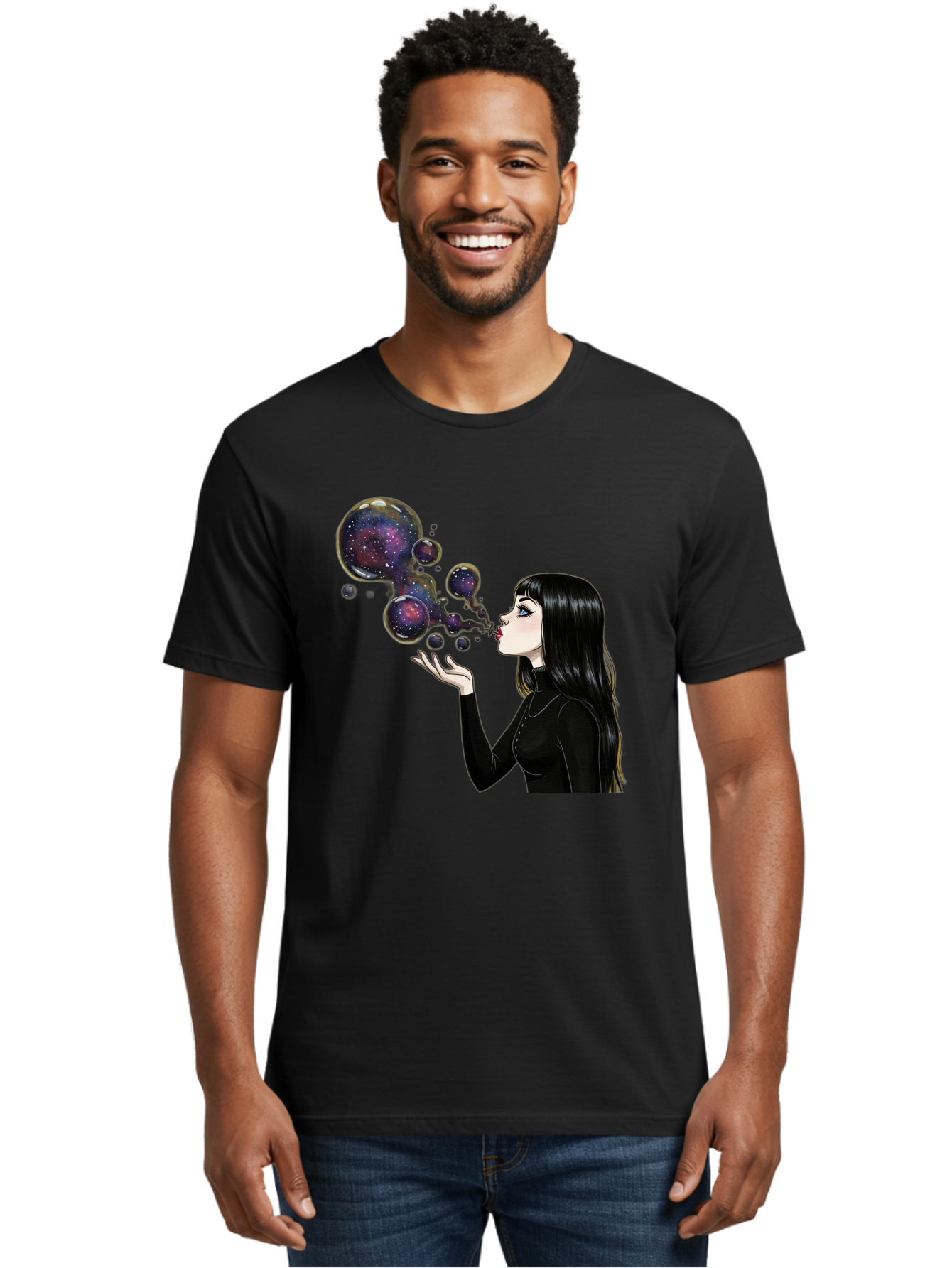 Girl-Blowing-Galaxy-Bubbles-1 Men'S Graphic Tee, 100% Cotton, Comfortable Casual Summer Wear, Machine Washable, Vintage Camera, Old Camera, Antique Camera, Black Camera, Classic Photography, Photography Equipment, Nostalgic Device, Bak684