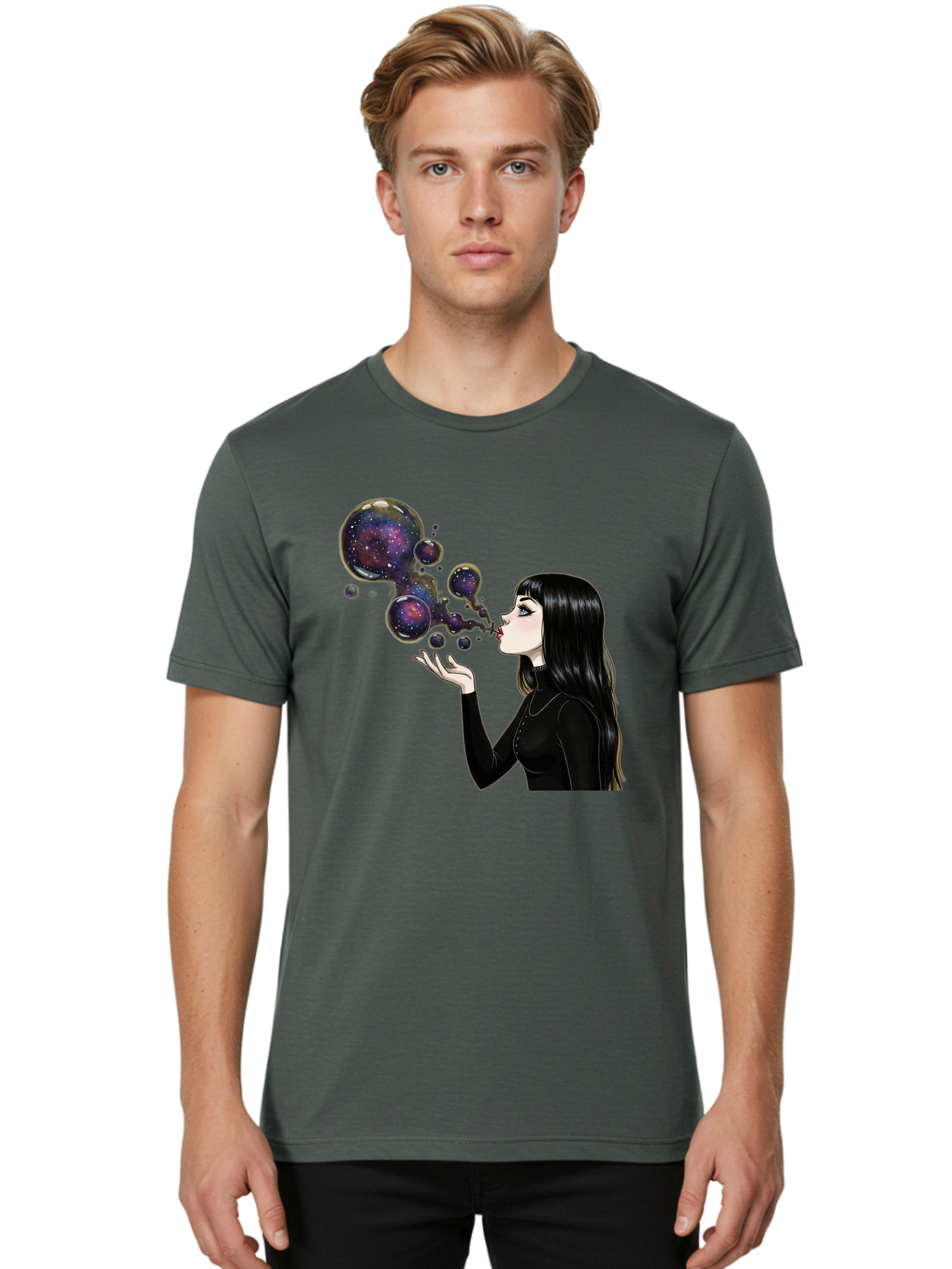 Girl-Blowing-Galaxy-Bubbles-1 Men'S Graphic Tee, 100% Cotton, Comfortable Casual Summer Wear, Machine Washable, Vintage Camera, Old Camera, Antique Camera, Black Camera, Classic Photography, Photography Equipment, Nostalgic Device, Bak684