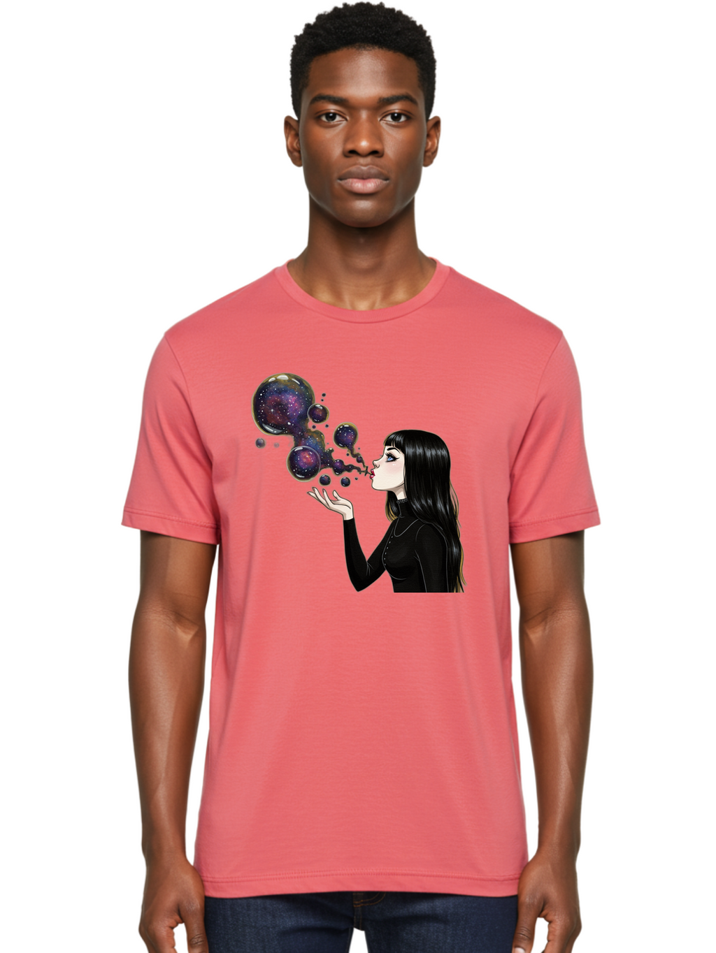 Girl-Blowing-Galaxy-Bubbles-1 Men'S Graphic Tee, 100% Cotton, Comfortable Casual Summer Wear, Machine Washable, Vintage Camera, Old Camera, Antique Camera, Black Camera, Classic Photography, Photography Equipment, Nostalgic Device, Bak684