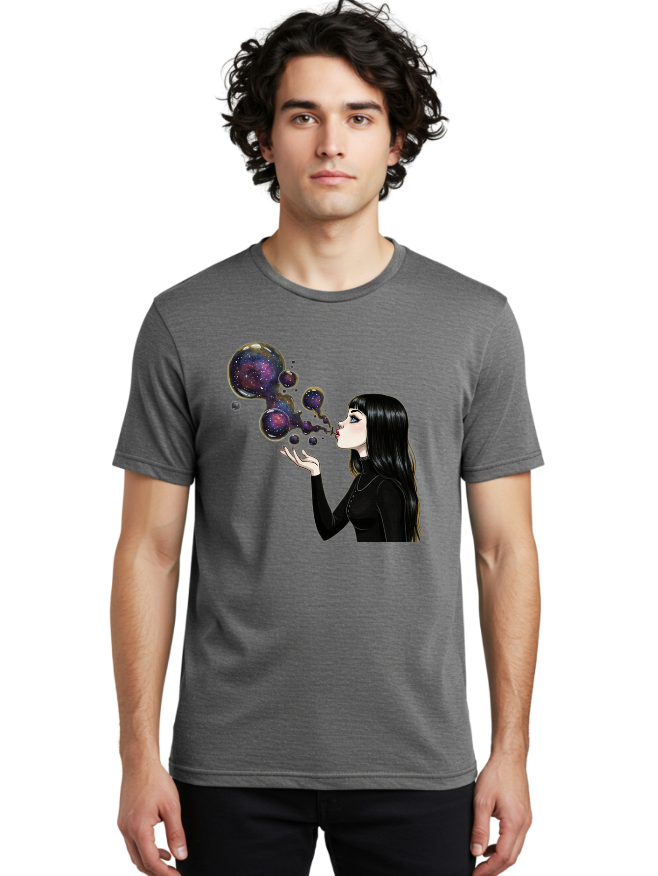 Girl-Blowing-Galaxy-Bubbles-1 Men'S Graphic Tee, 100% Cotton, Comfortable Casual Summer Wear, Machine Washable, Vintage Camera, Old Camera, Antique Camera, Black Camera, Classic Photography, Photography Equipment, Nostalgic Device, Bak684