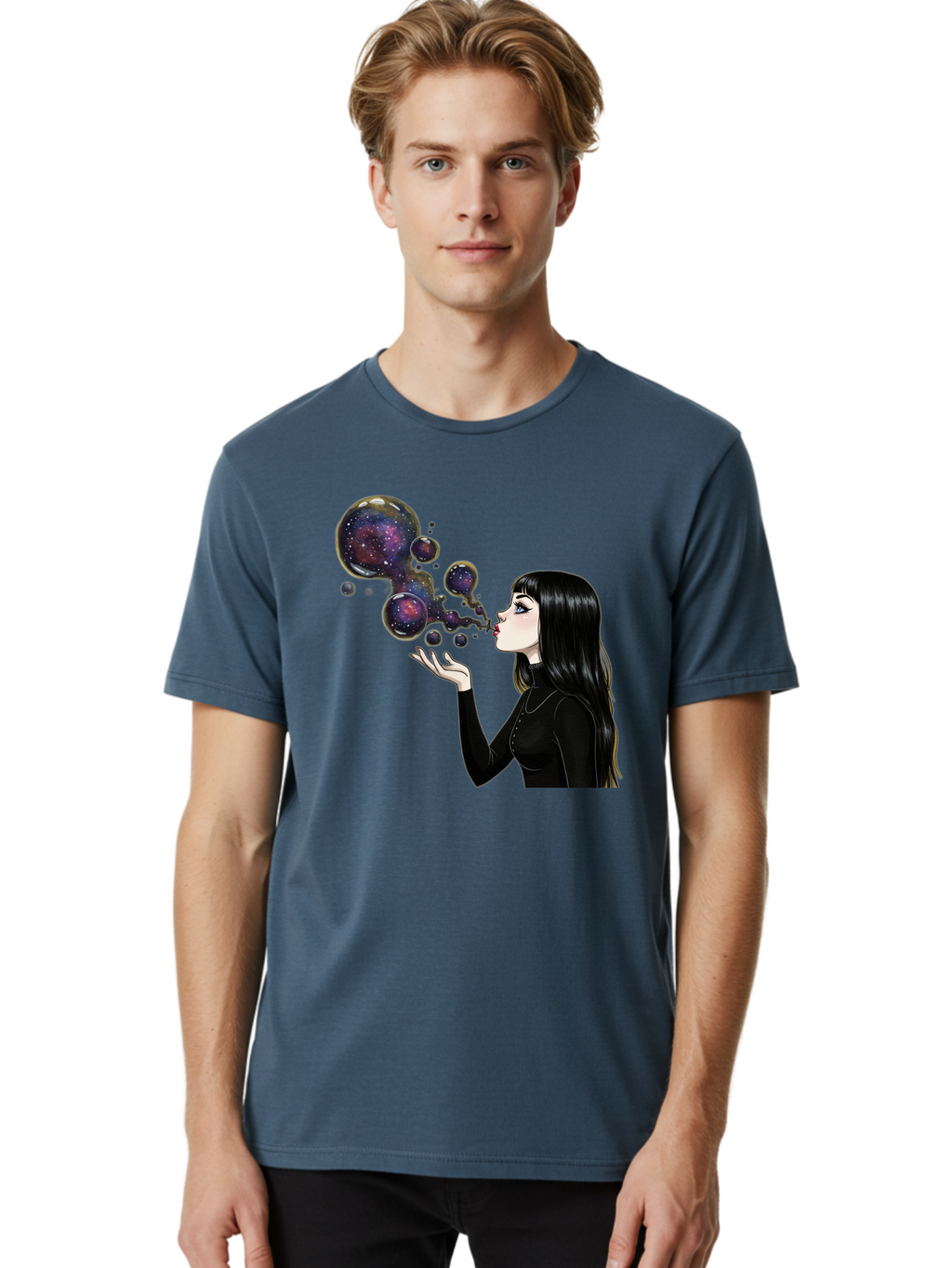 Girl-Blowing-Galaxy-Bubbles-1 Men'S Graphic Tee, 100% Cotton, Comfortable Casual Summer Wear, Machine Washable, Vintage Camera, Old Camera, Antique Camera, Black Camera, Classic Photography, Photography Equipment, Nostalgic Device, Bak684