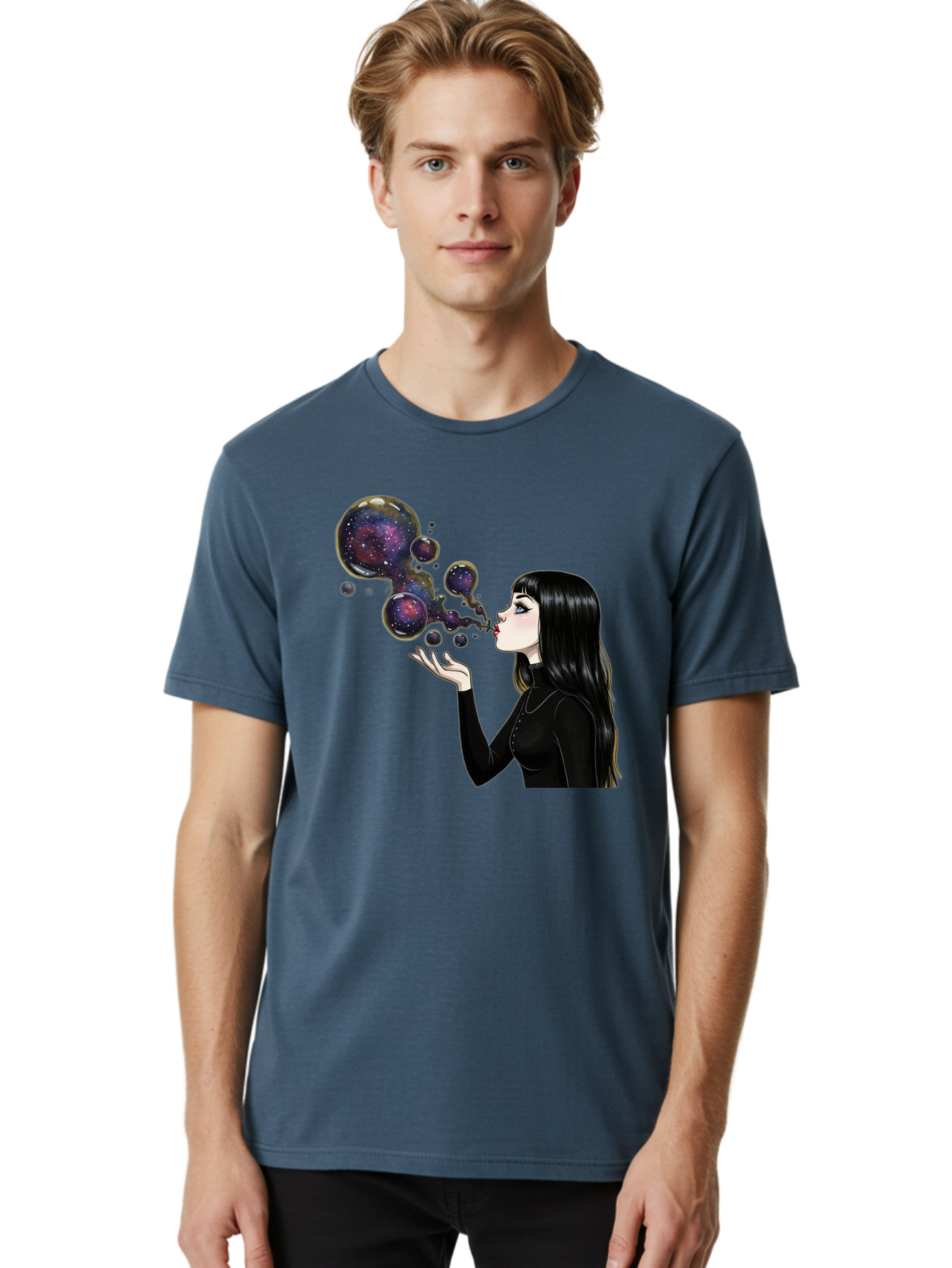 Girl-Blowing-Galaxy-Bubbles-1 Men'S Graphic Tee, 100% Cotton, Comfortable Casual Summer Wear, Machine Washable, Vintage Camera, Old Camera, Antique Camera, Black Camera, Classic Photography, Photography Equipment, Nostalgic Device, Bak684