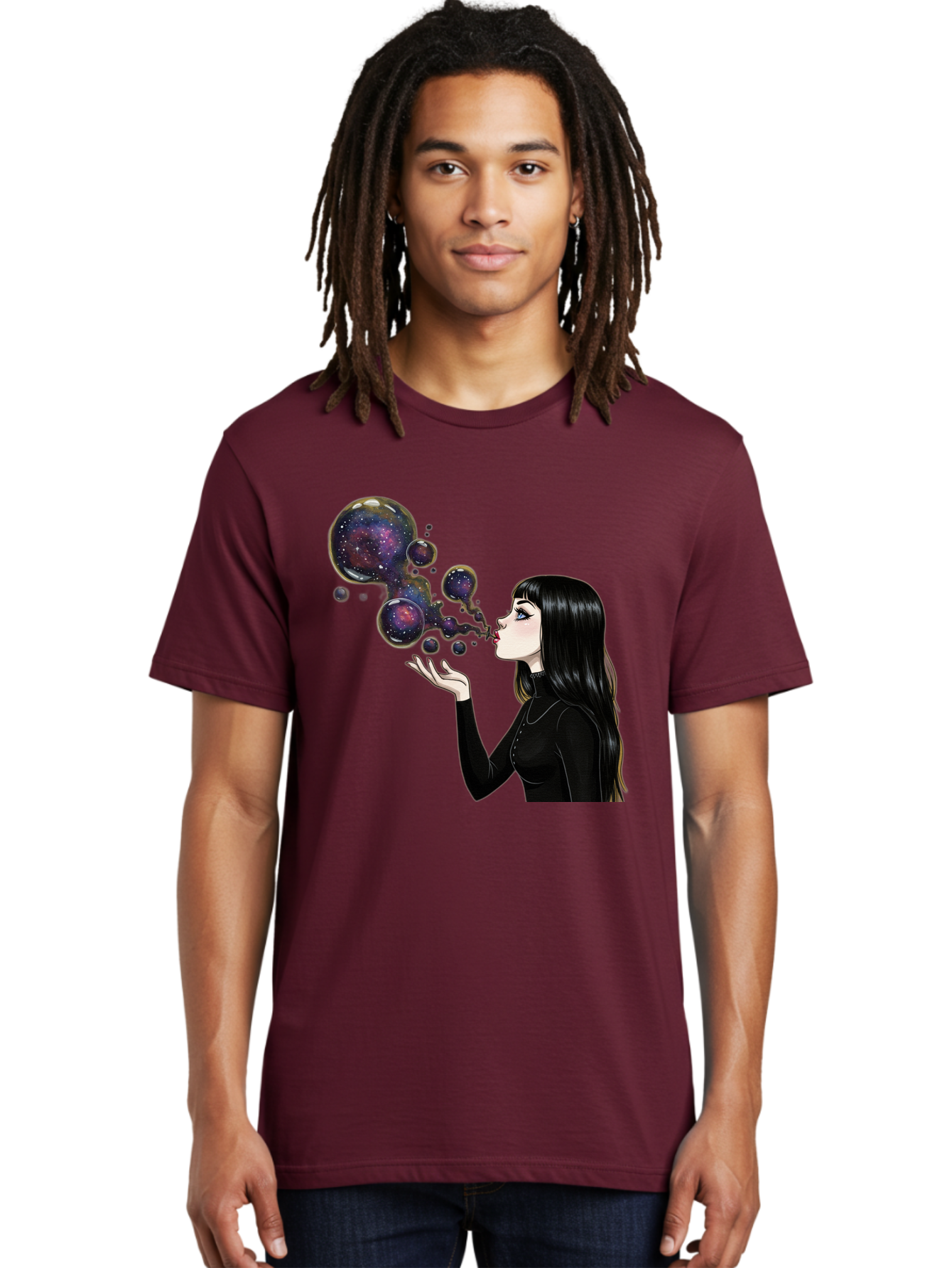 Girl-Blowing-Galaxy-Bubbles-1 Men'S Graphic Tee, 100% Cotton, Comfortable Casual Summer Wear, Machine Washable, Vintage Camera, Old Camera, Antique Camera, Black Camera, Classic Photography, Photography Equipment, Nostalgic Device, Bak684