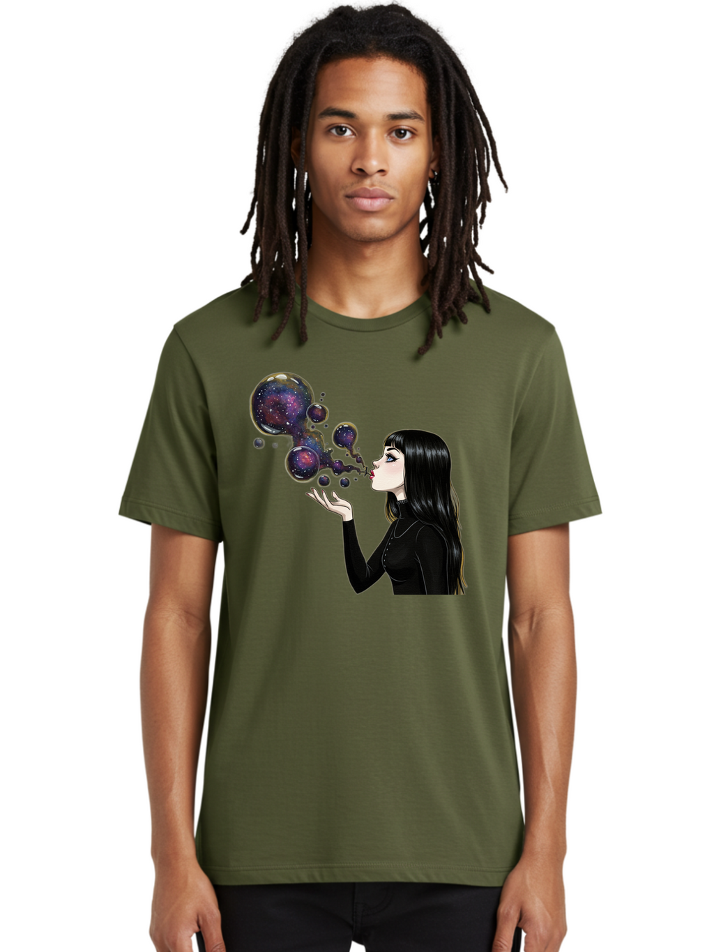 Girl-Blowing-Galaxy-Bubbles-1 Men'S Graphic Tee, 100% Cotton, Comfortable Casual Summer Wear, Machine Washable, Vintage Camera, Old Camera, Antique Camera, Black Camera, Classic Photography, Photography Equipment, Nostalgic Device, Bak684
