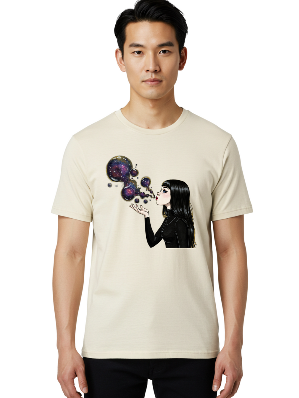 Girl-Blowing-Galaxy-Bubbles-1 Men'S Graphic Tee, 100% Cotton, Comfortable Casual Summer Wear, Machine Washable, Vintage Camera, Old Camera, Antique Camera, Black Camera, Classic Photography, Photography Equipment, Nostalgic Device, Bak684