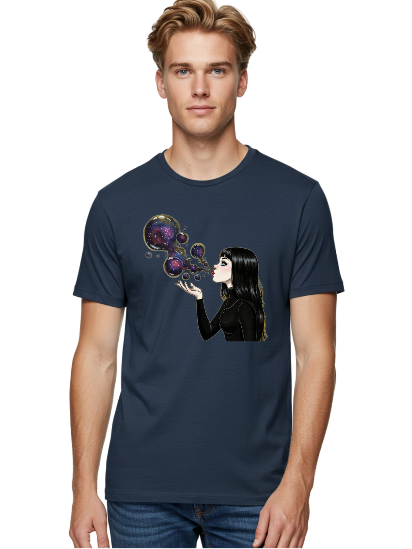 Girl-Blowing-Galaxy-Bubbles-1 Men'S Graphic Tee, 100% Cotton, Comfortable Casual Summer Wear, Machine Washable, Vintage Camera, Old Camera, Antique Camera, Black Camera, Classic Photography, Photography Equipment, Nostalgic Device, Bak684