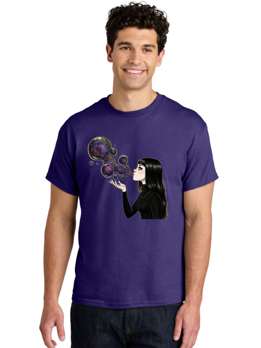 Girl-Blowing-Galaxy-Bubbles-1 Men'S Graphic Tee, 100% Cotton, Comfortable Casual Summer Wear, Machine Washable, Vintage Camera, Old Camera, Antique Camera, Black Camera, Classic Photography, Photography Equipment, Nostalgic Device, Bak684
