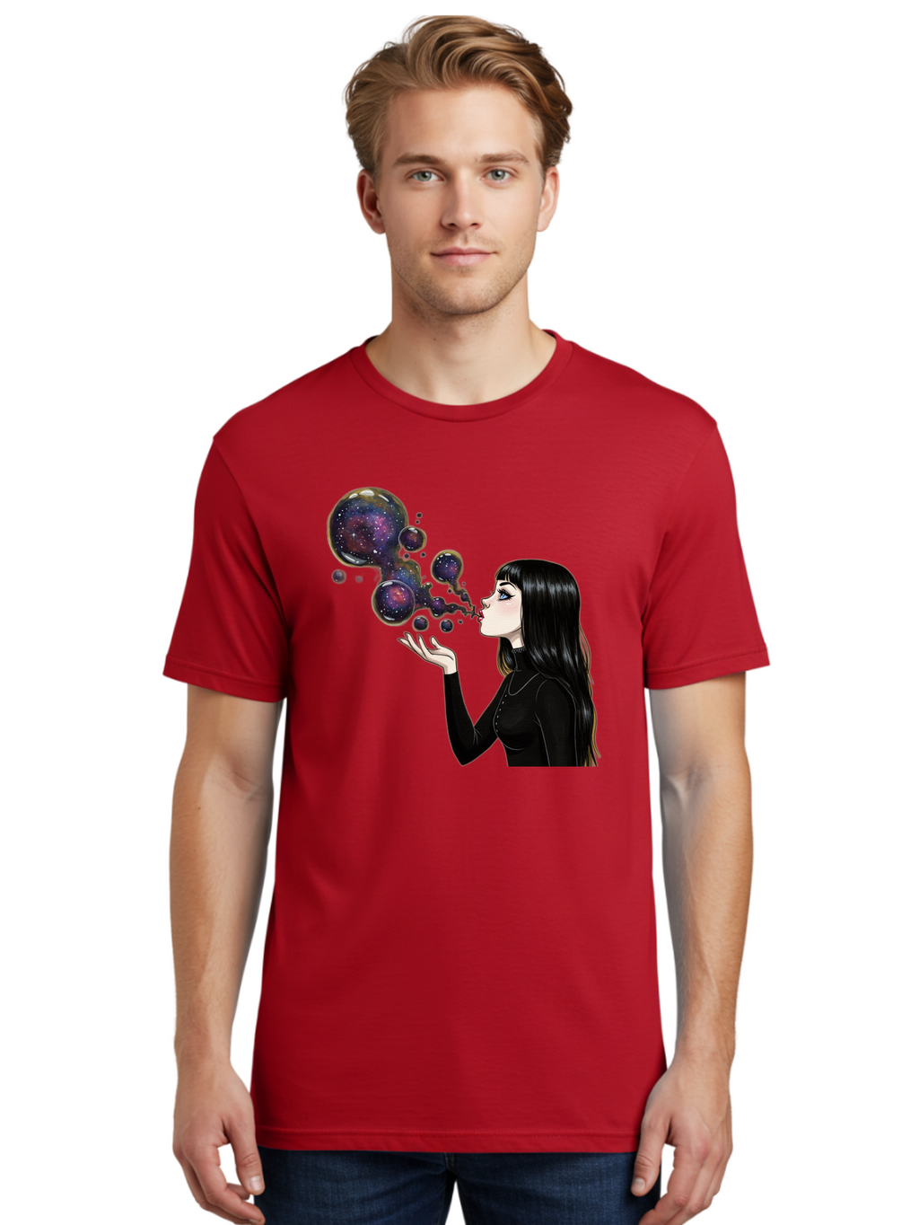 Girl-Blowing-Galaxy-Bubbles-1 Men'S Graphic Tee, 100% Cotton, Comfortable Casual Summer Wear, Machine Washable, Vintage Camera, Old Camera, Antique Camera, Black Camera, Classic Photography, Photography Equipment, Nostalgic Device, Bak684