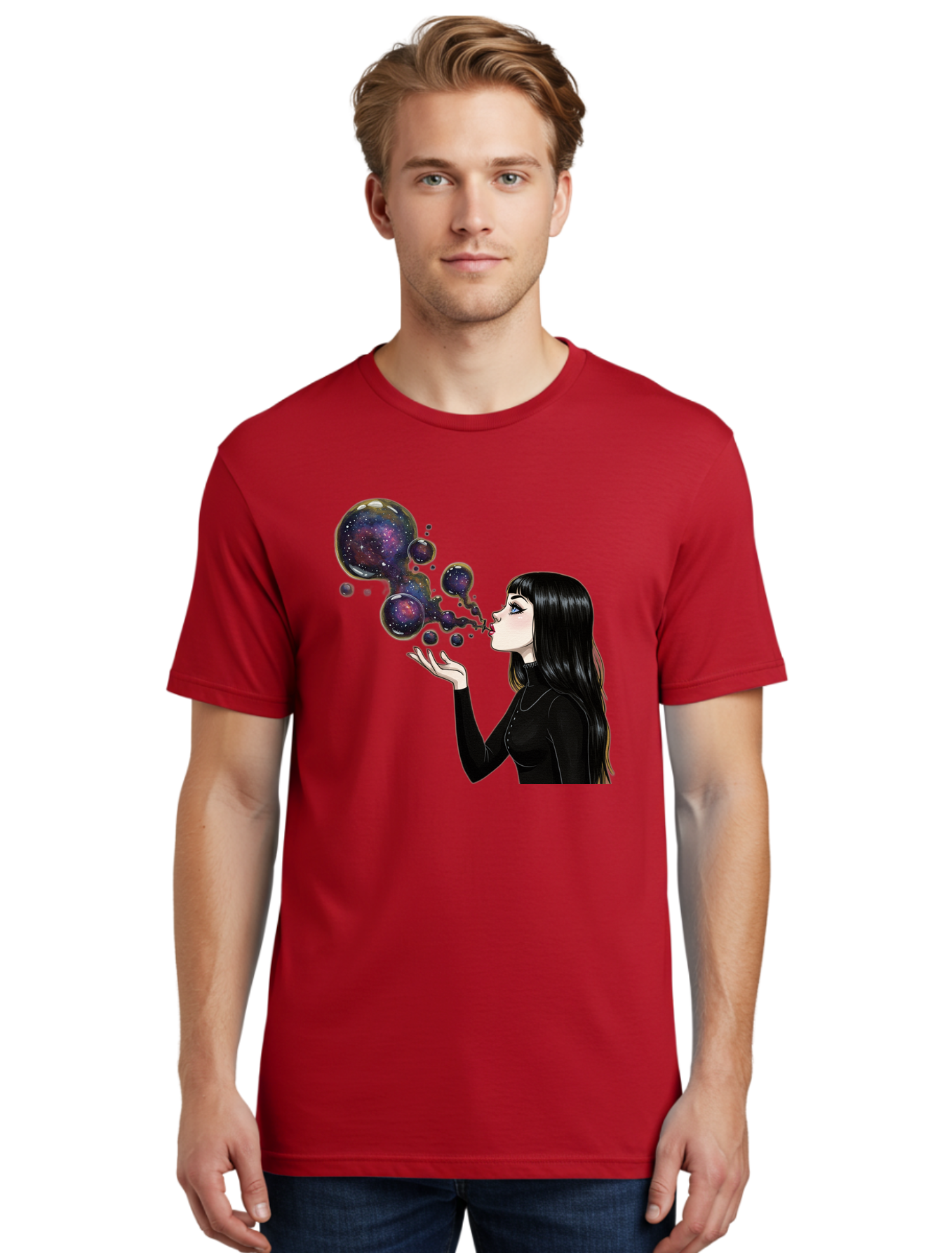 Girl-Blowing-Galaxy-Bubbles-1 Men'S Graphic Tee, 100% Cotton, Comfortable Casual Summer Wear, Machine Washable, Vintage Camera, Old Camera, Antique Camera, Black Camera, Classic Photography, Photography Equipment, Nostalgic Device, Bak684