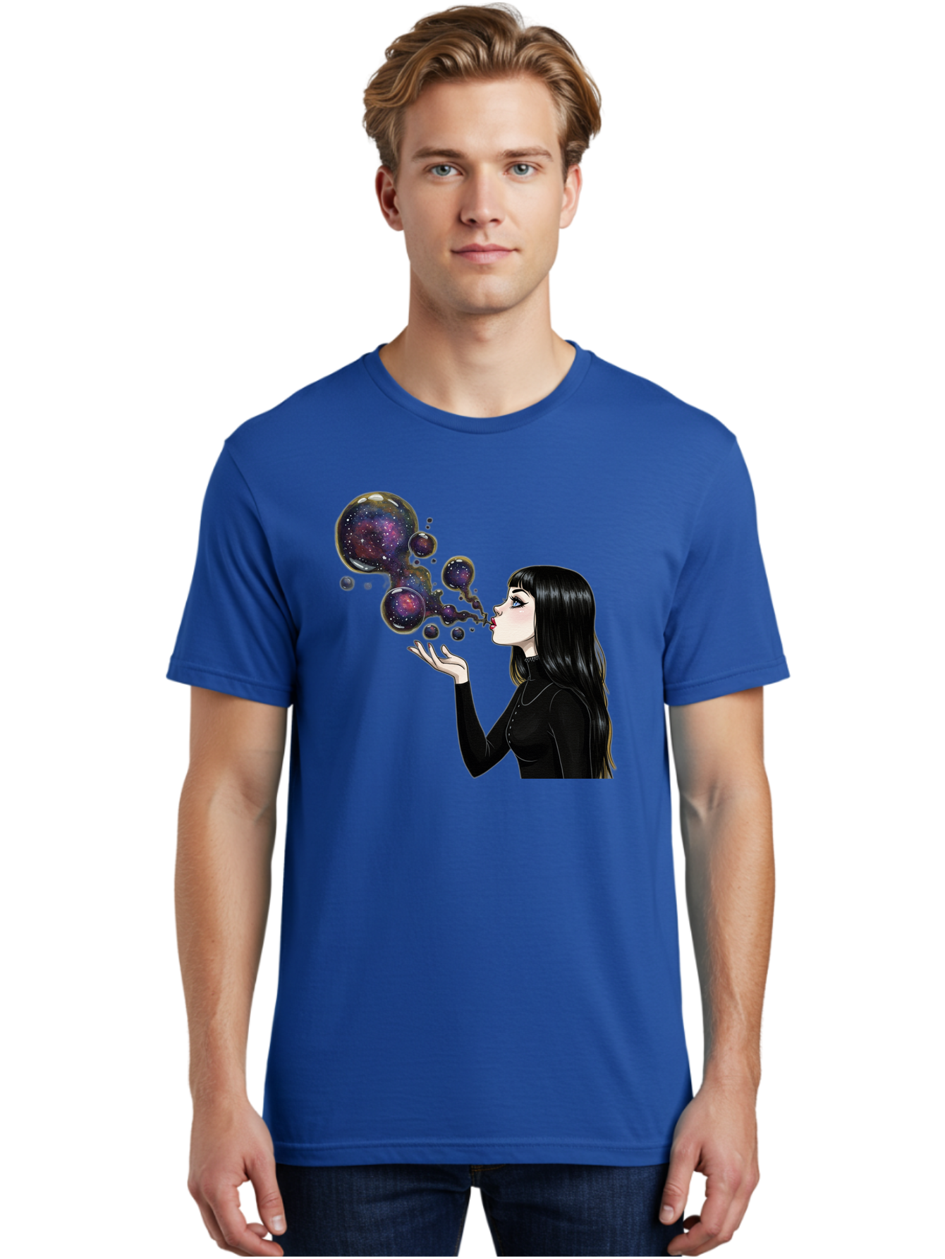 Girl-Blowing-Galaxy-Bubbles-1 Men'S Graphic Tee, 100% Cotton, Comfortable Casual Summer Wear, Machine Washable, Vintage Camera, Old Camera, Antique Camera, Black Camera, Classic Photography, Photography Equipment, Nostalgic Device, Bak684